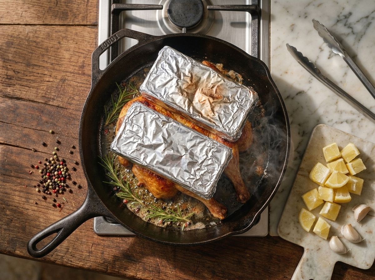Spatchcocked galletto searing skin-side down under foil-wrapped bricks in a cast iron skillet, edges deep gold and sizzling.