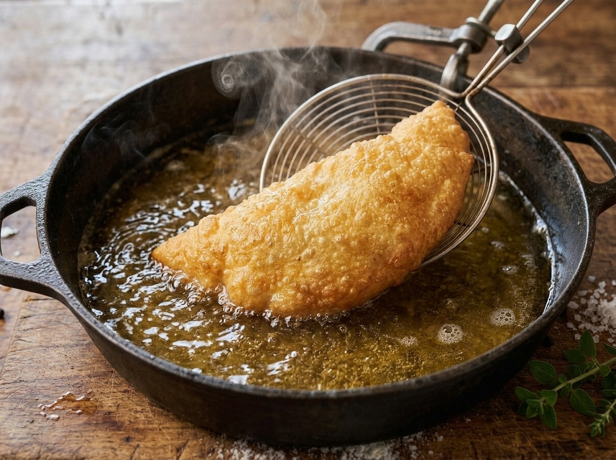 Folded pizza dough frying in hot oil, turning deep gold, lifted with a spider strainer