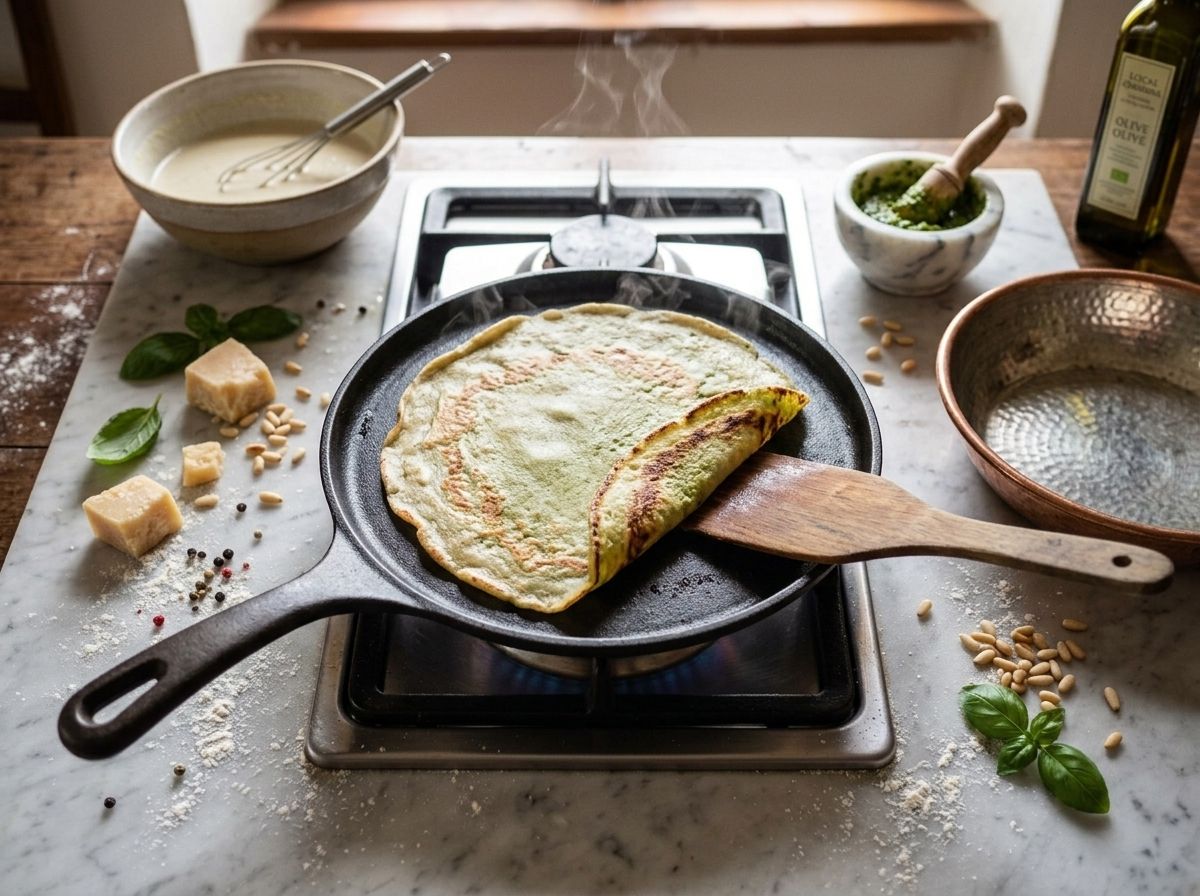 Testaroli batter cooking in a cast-iron pan on the stovetop, edges browning as the top sets