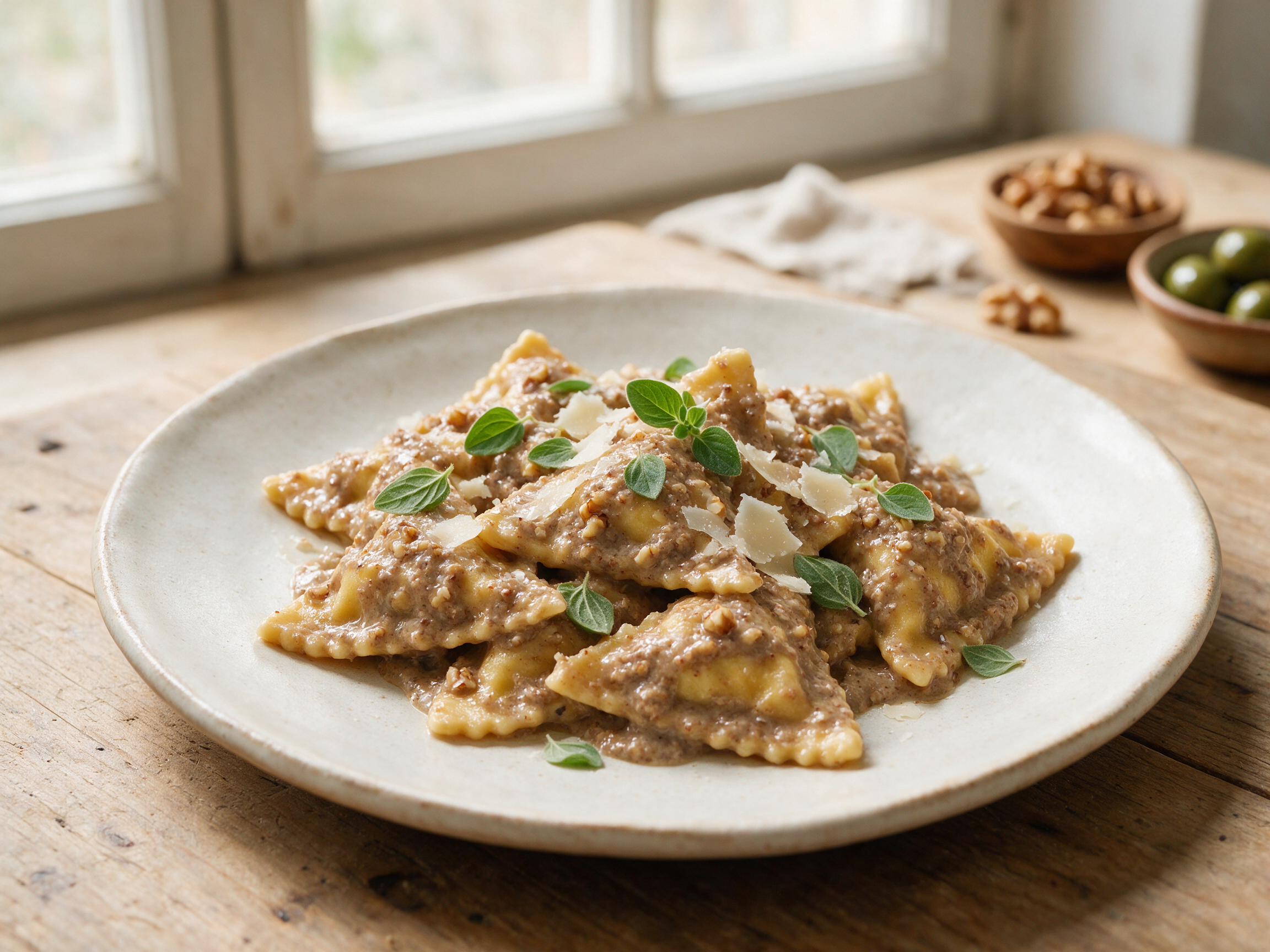 Overhead view of pansotti con salsa di noci, coarse walnut sauce, marjoram leaves, grated Parmigiano, wooden table.