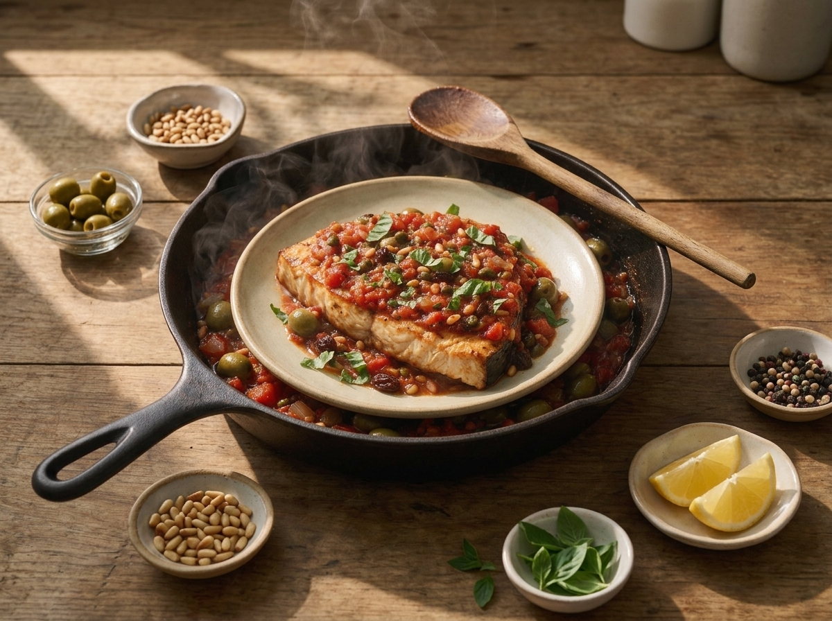 Swordfish steaks simmering in chunky tomato sauce with capers and olives in a stainless skillet, wooden spoon stirring