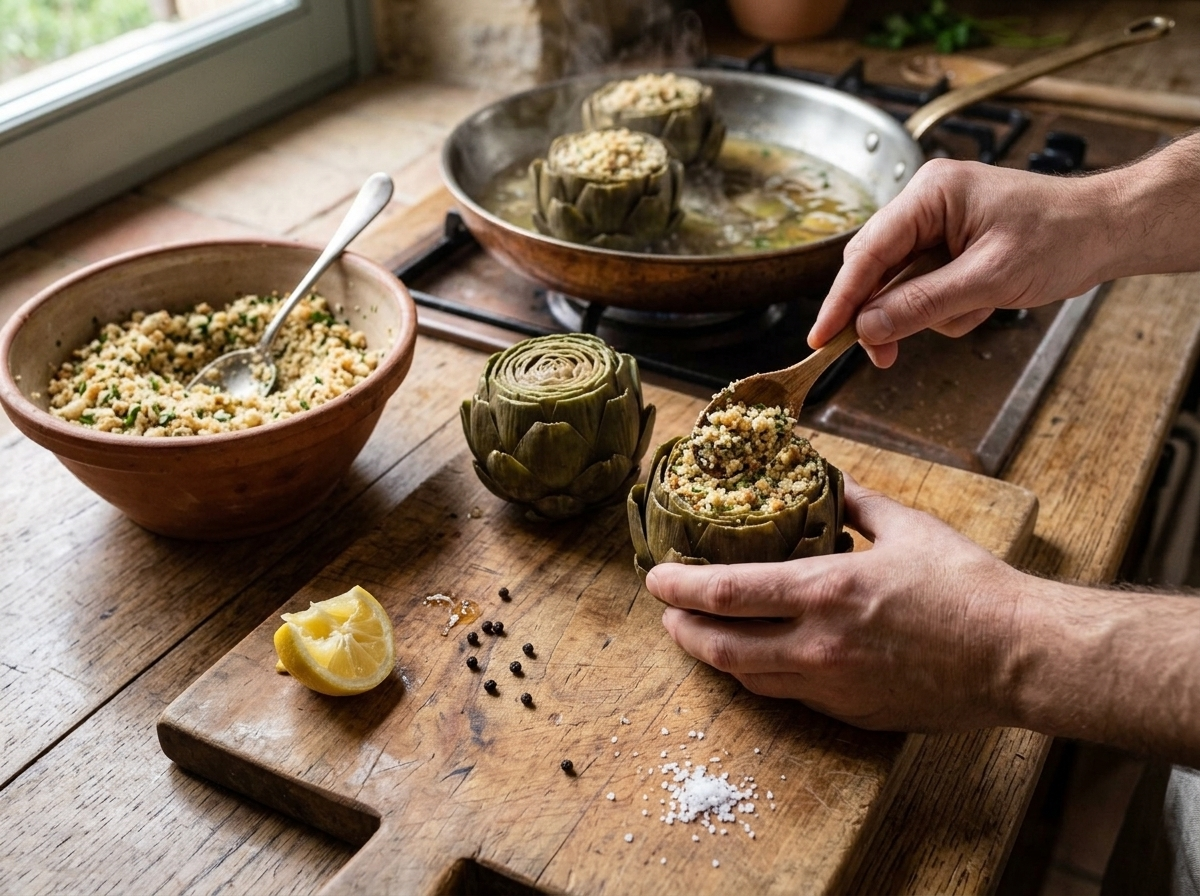 Hands packing breadcrumb and parmesan filling into an open trimmed artichoke on a wooden cutting board