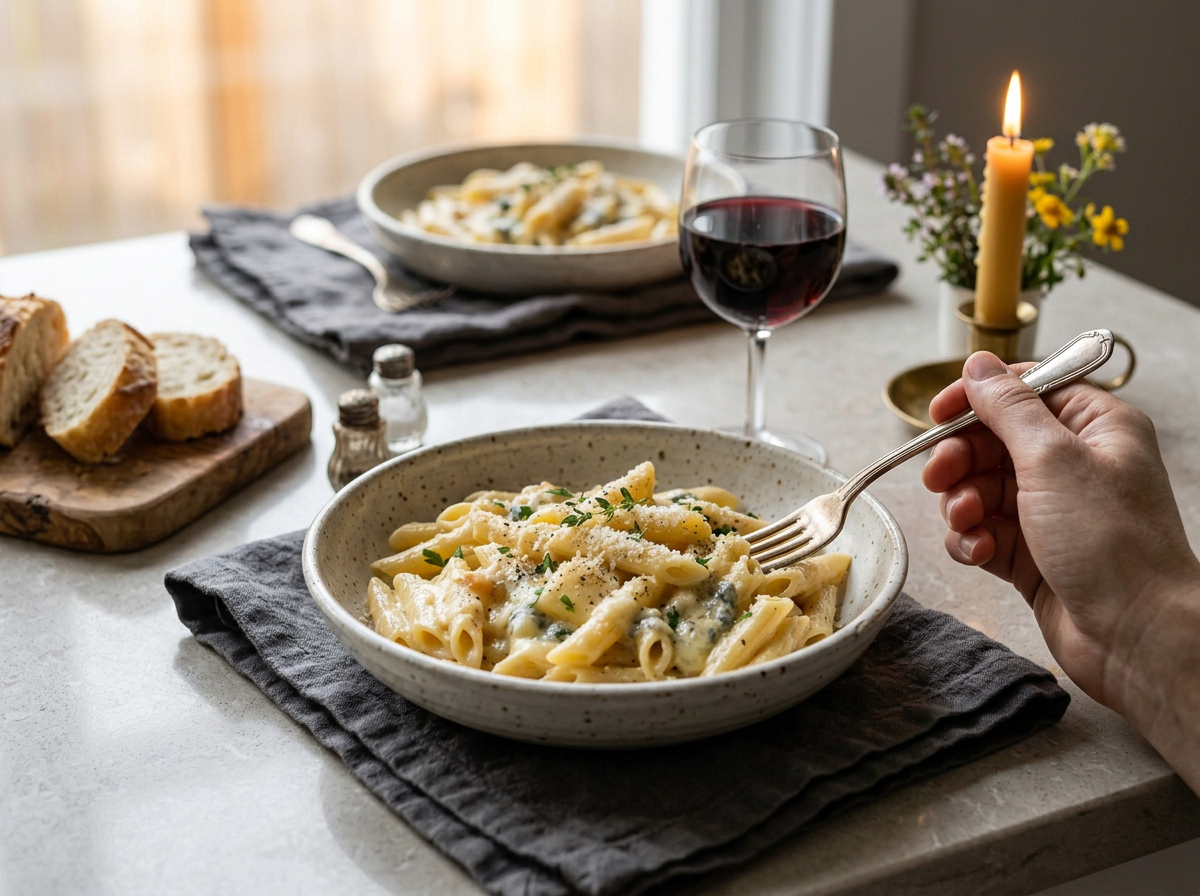 Plated pasta ai quattro formaggi served with red wine and crusty bread on a rustic dinner table