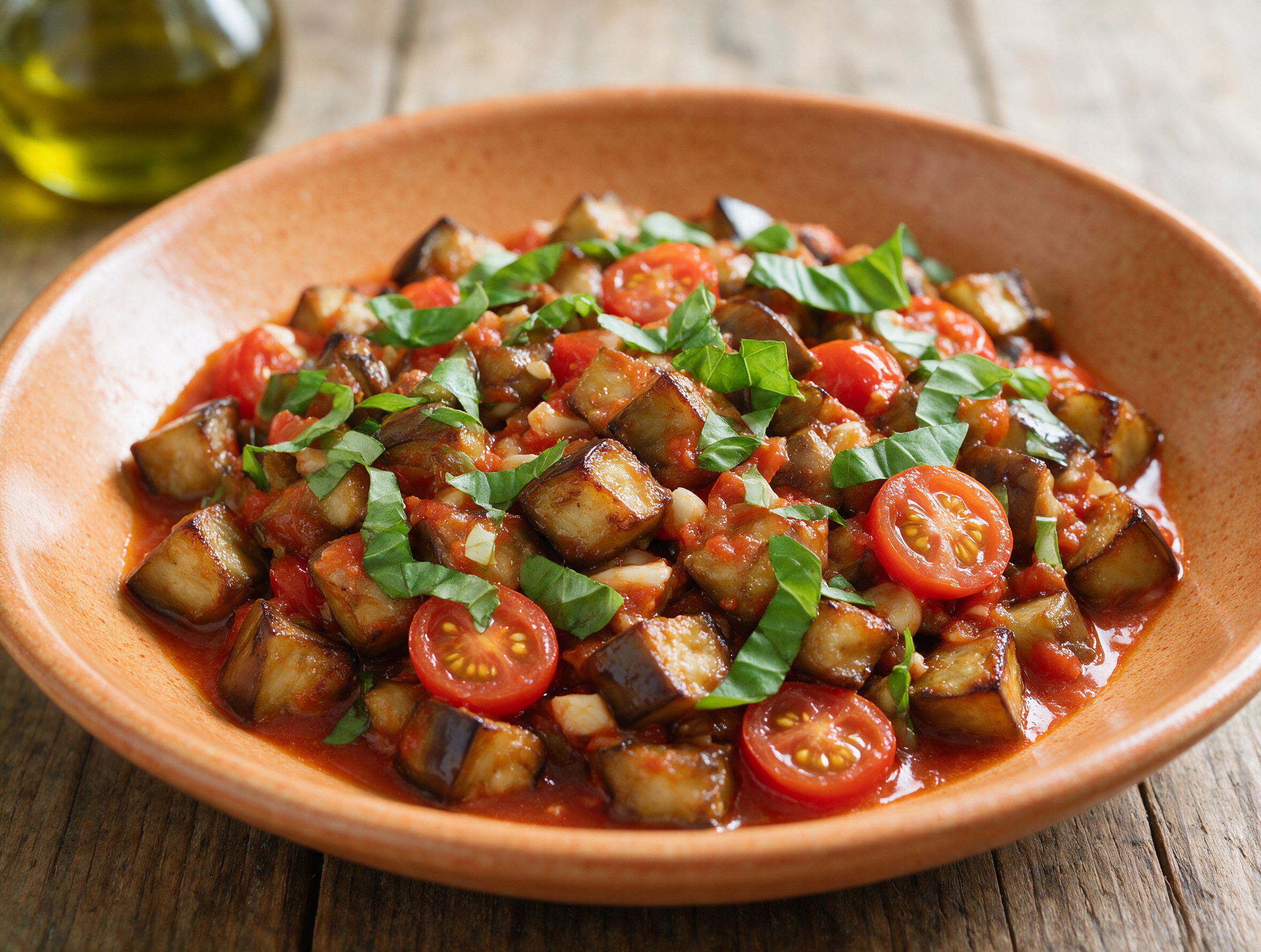 Overhead bowl of melanzane a funghetto with glossy eggplant cubes in tomato sauce and torn basil on a wooden table