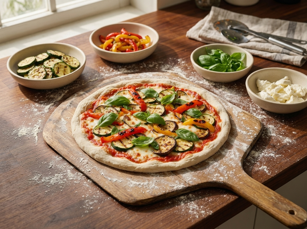 Hands scattering roasted vegetables and torn mozzarella over stretched pizza dough on a floured wooden peel before baking