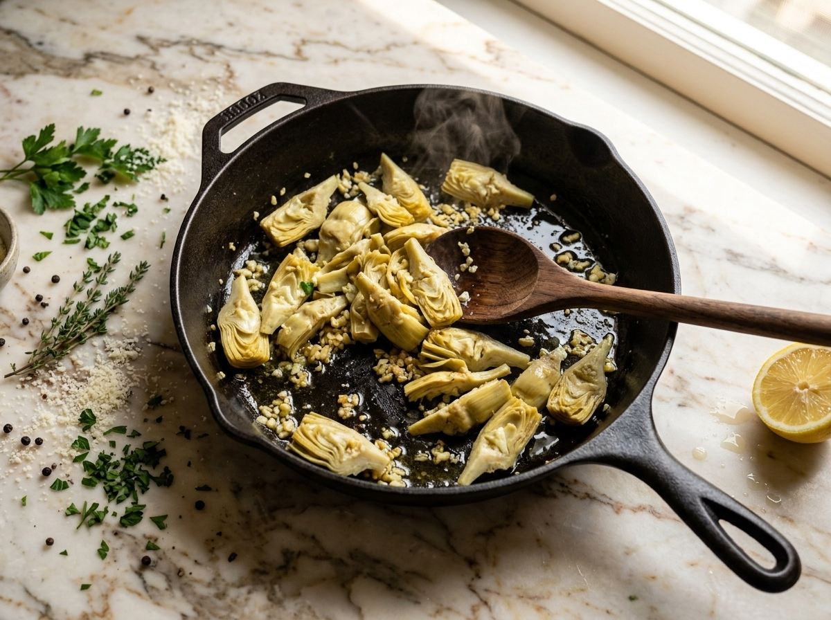Artichoke hearts and garlic sauteing in olive oil in a skillet, steam rising, wooden spoon stirring the mixture