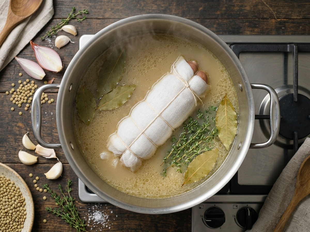 Whole zampone wrapped in cheesecloth simmering gently in a stockpot with bay leaves floating in pale broth