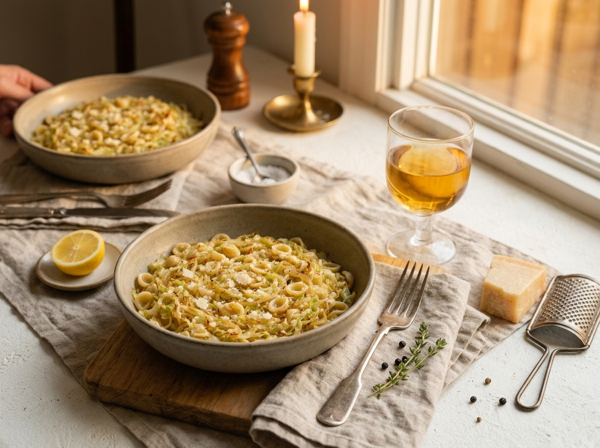 Two bowls of cabbage and onion pasta on a linen napkin beside a glass of white wine and a wedge of parmesan