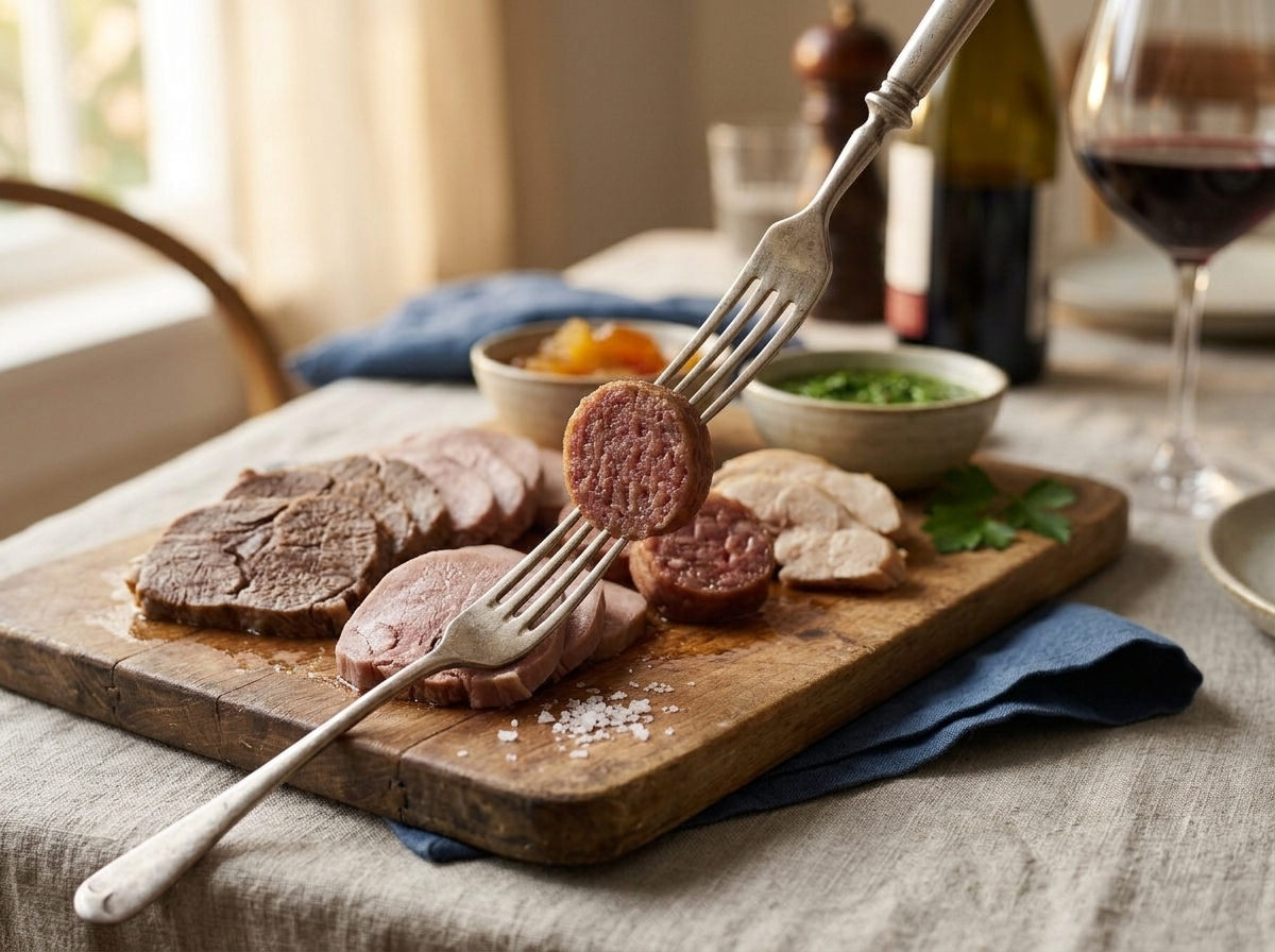 Platter of bollito misto served family-style with salsa verde, mostarda, red wine, and linen napkin on the table