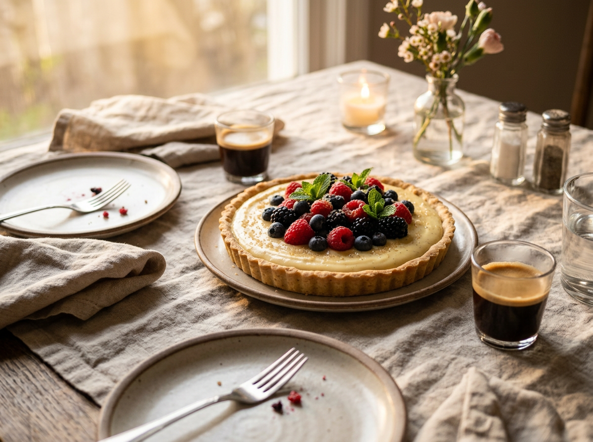 Crostata filled with crema pasticcera and fresh berries served on a linen-covered table beside a small espresso cup