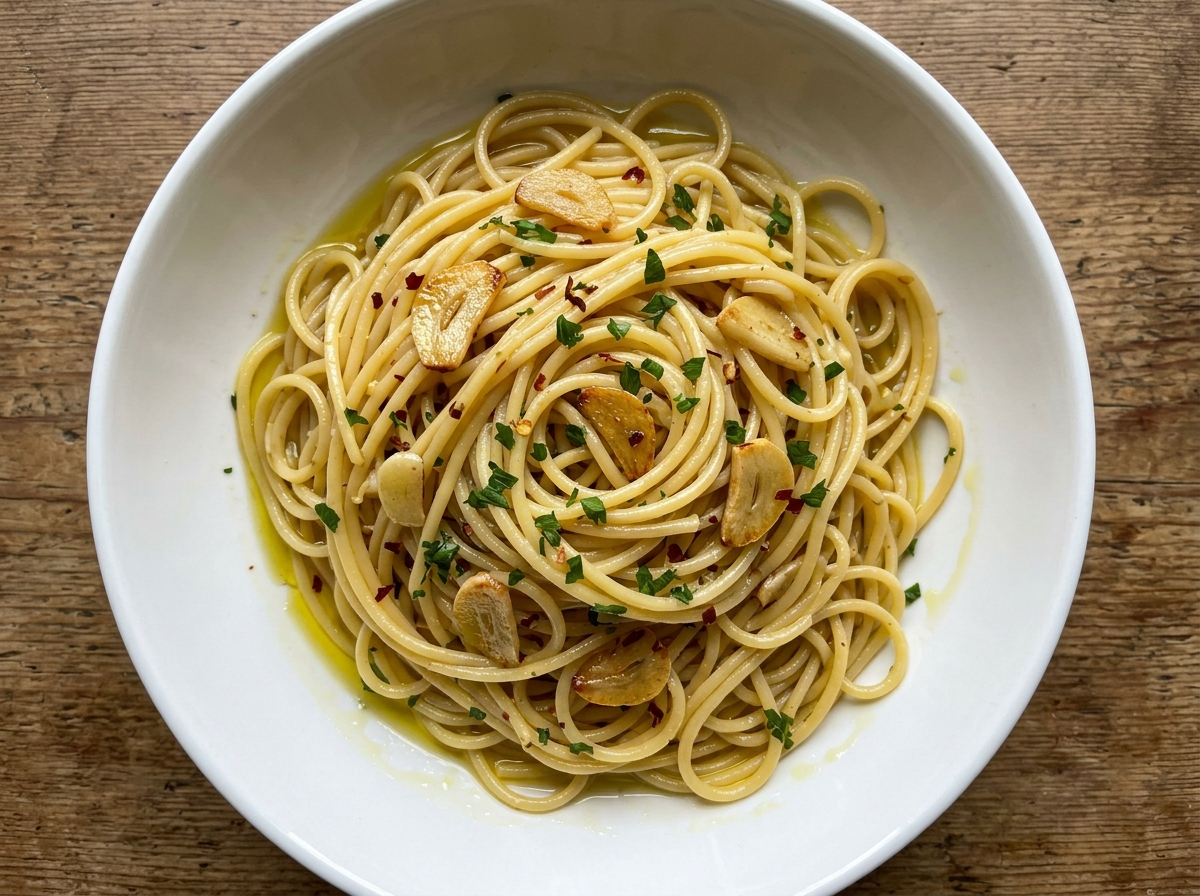 Overhead view of spaghetti aglio e olio with golden garlic slices, red chile flakes, and parsley in a white bowl