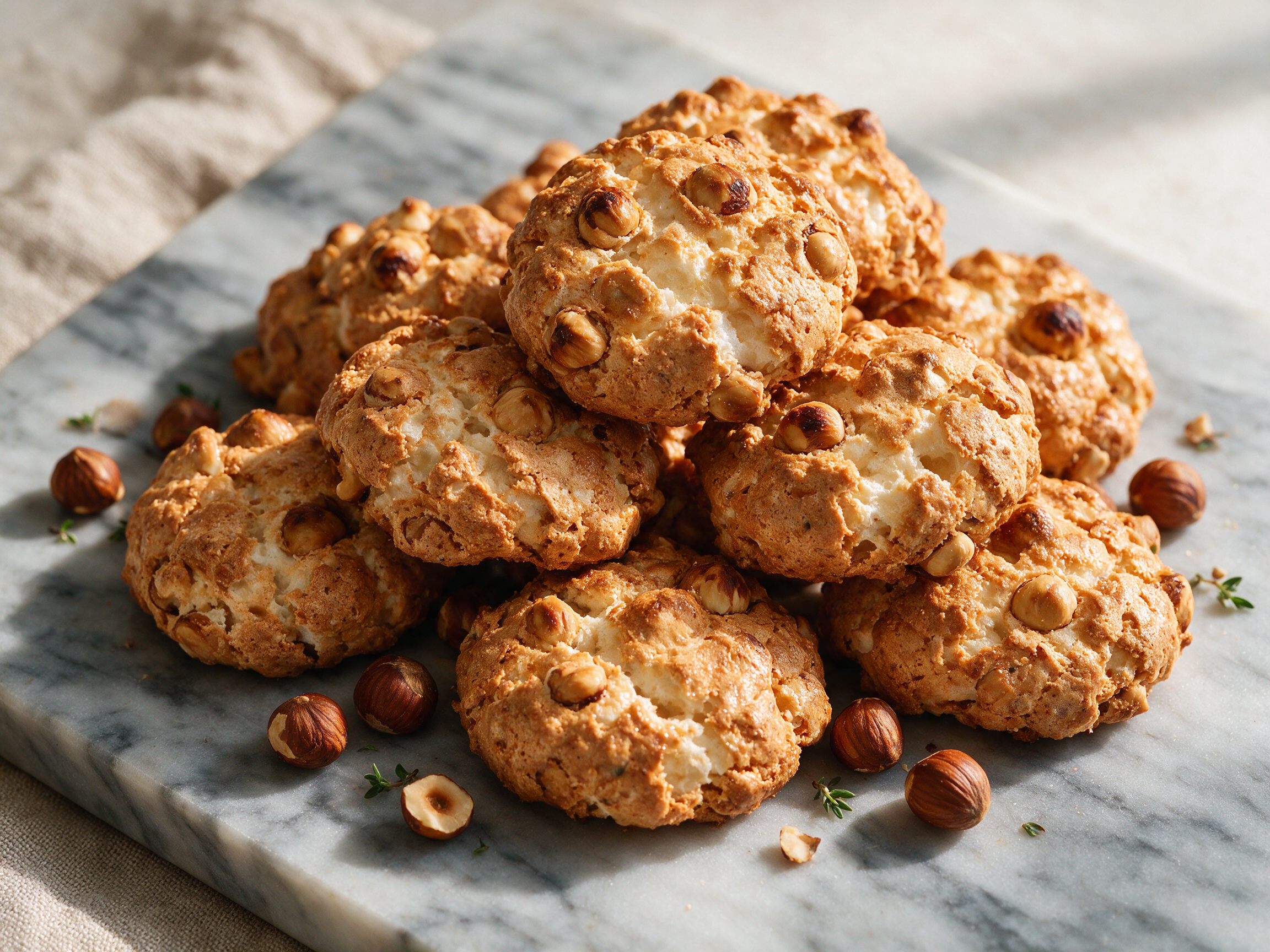 Overhead view of craggy golden brutti ma buoni cookies piled on a marble board with loose toasted hazelnuts scattered nearby