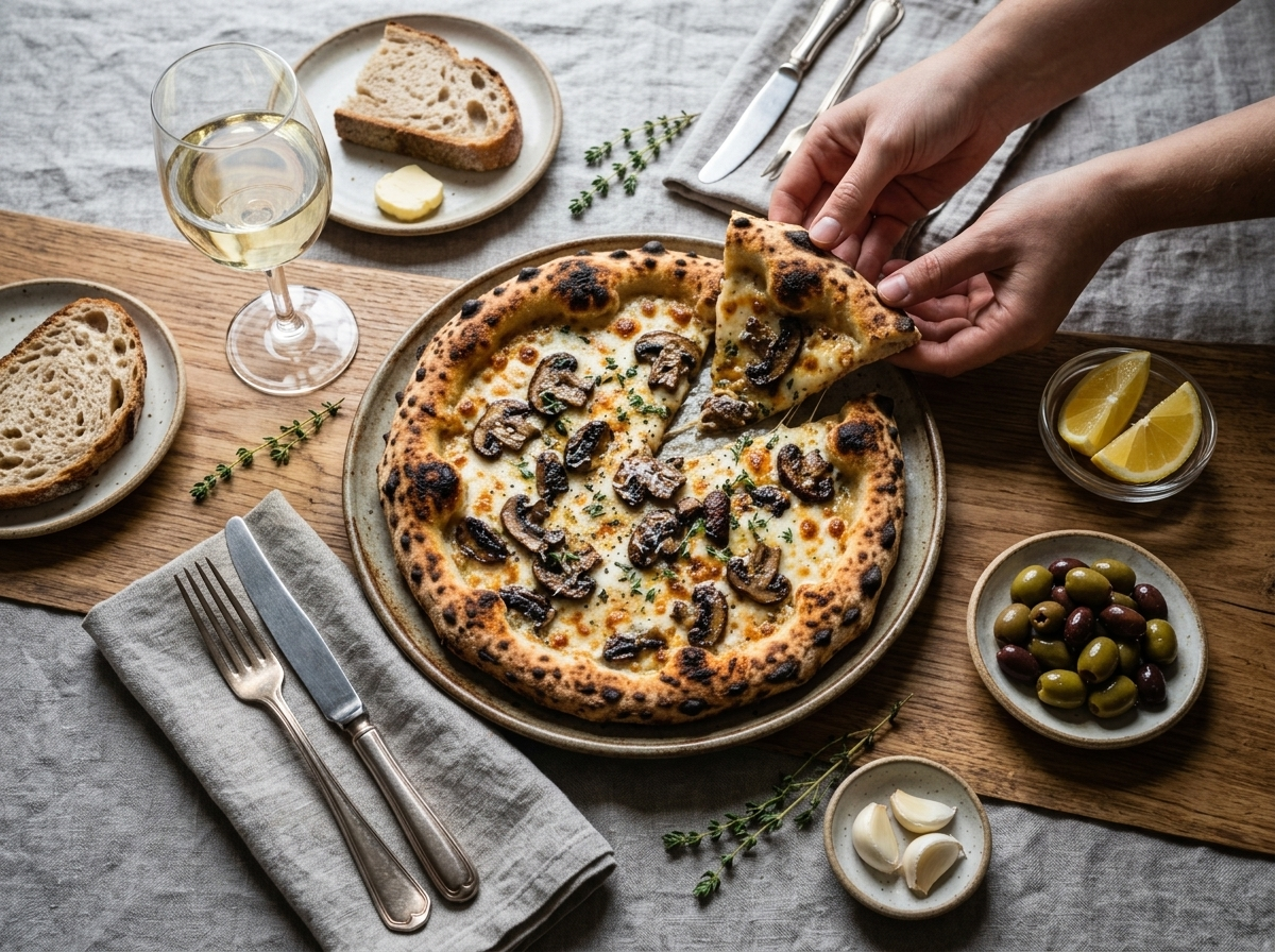Sliced pizza ai funghi served on a wooden table with white wine and a linen napkin at dinner