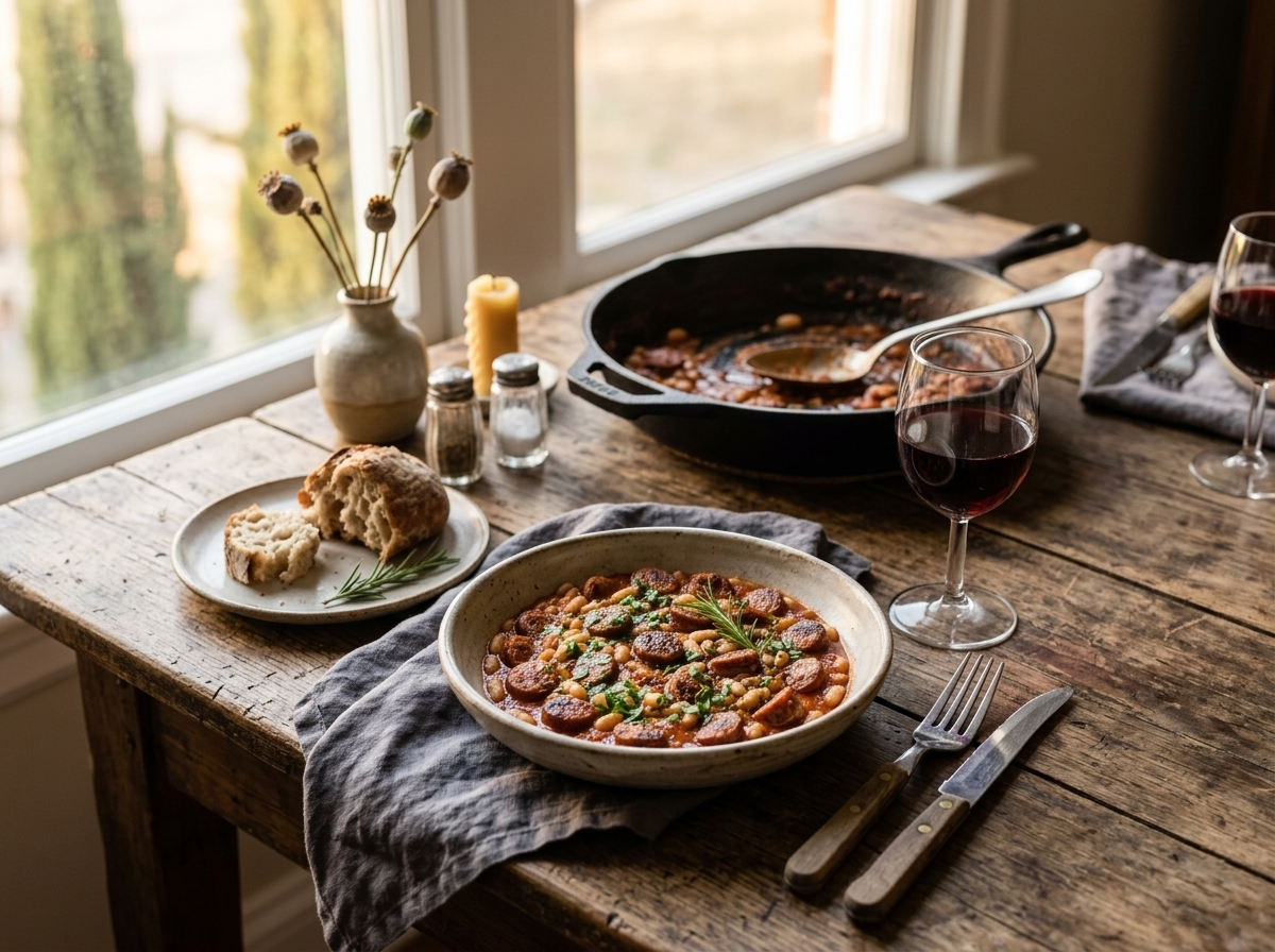 Bowl of salsiccia e fagioli served with crusty bread and a glass of red wine on a linen-topped table