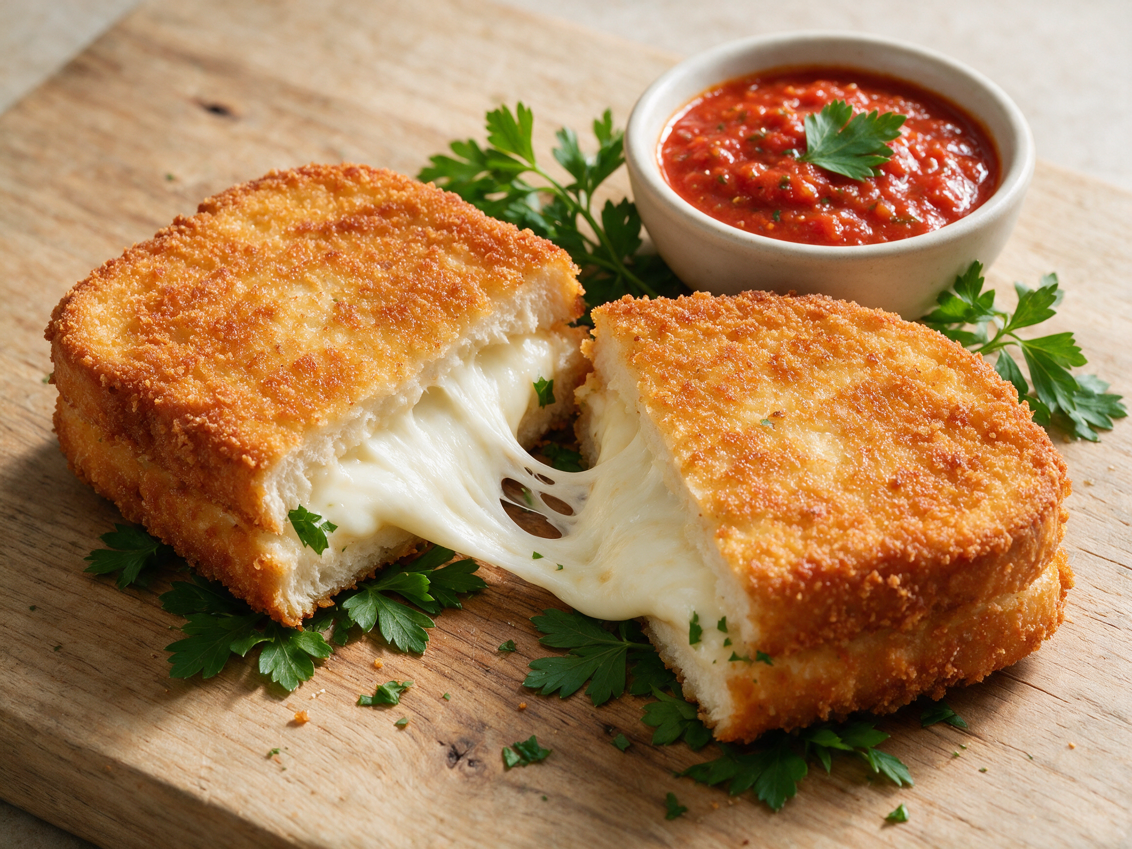 Halved mozzarella in carrozza sandwich on a wooden board with cheese stretching between the pieces and marinara on the side
