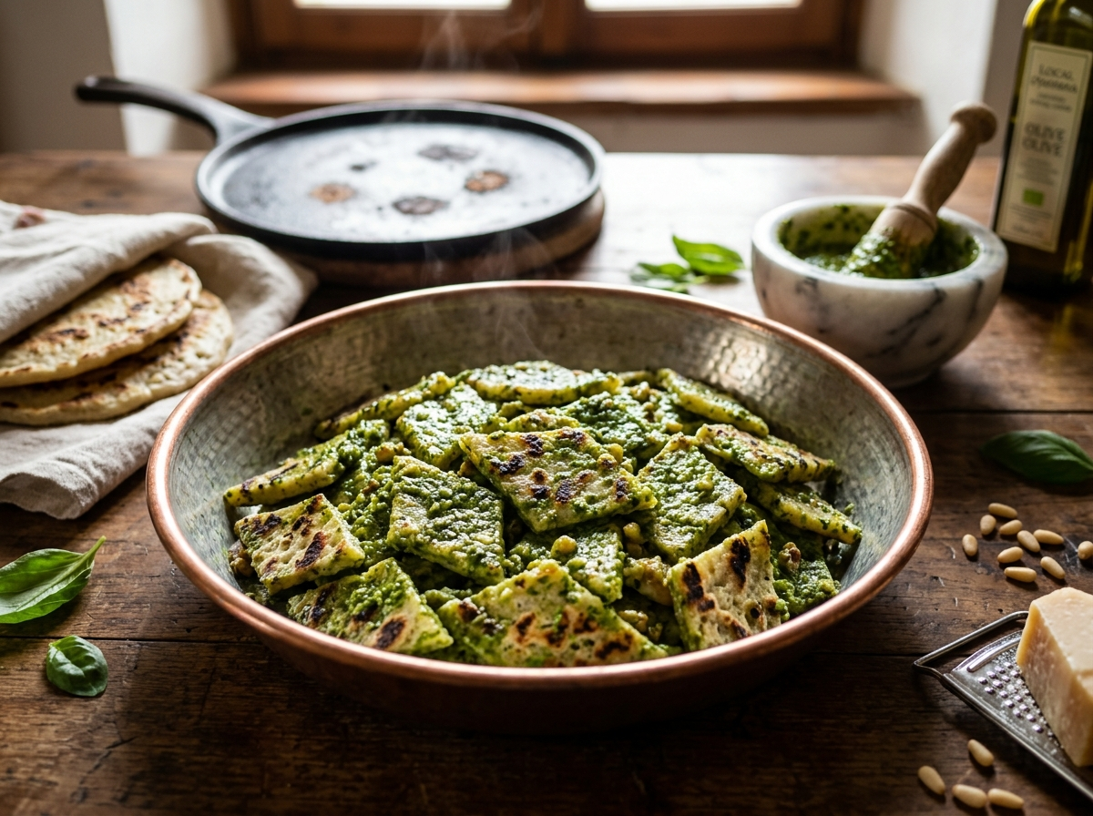 Bowl of testaroli al pesto with basil pesto, pine nuts, and shaved parmesan on a rustic wooden table