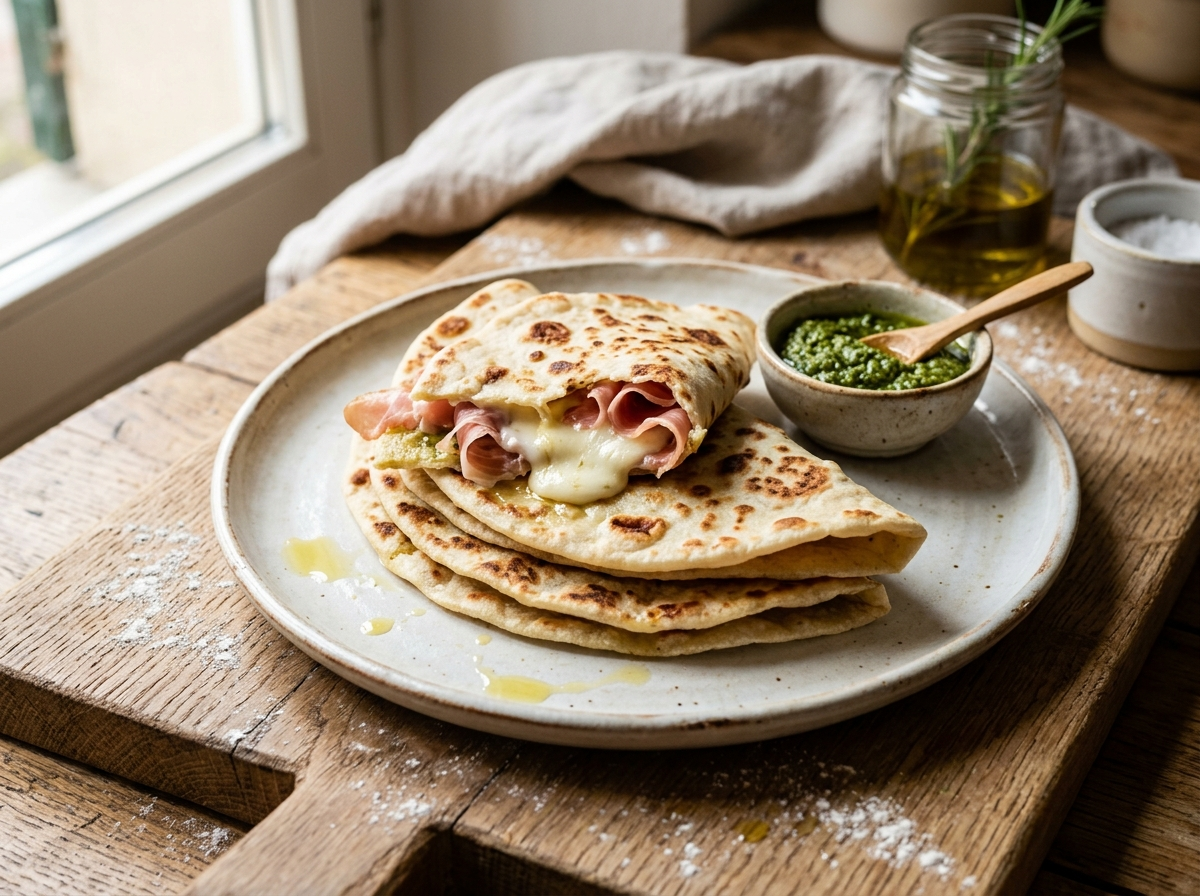 Stacked Ligurian panigacci flatbreads on a wooden board, one torn open with melted stracchino cheese and prosciutto