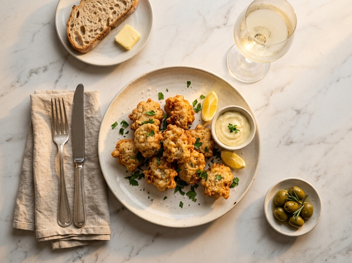 Plate of crispy frittelle di baccalà served with lemon wedges and a glass of chilled Prosecco