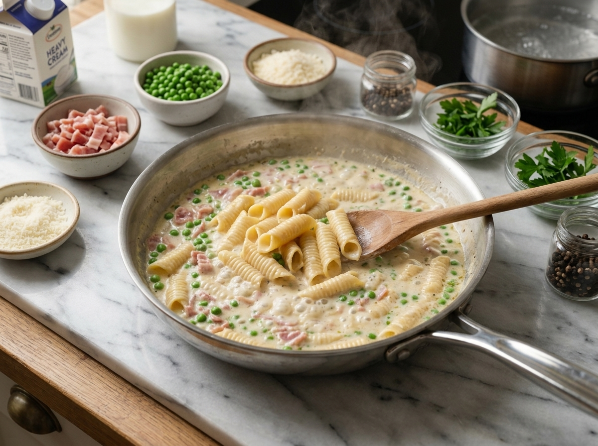 Cream sauce with diced prosciutto and peas simmering in a stainless skillet, wooden spoon stirring as steam rises off the surface.