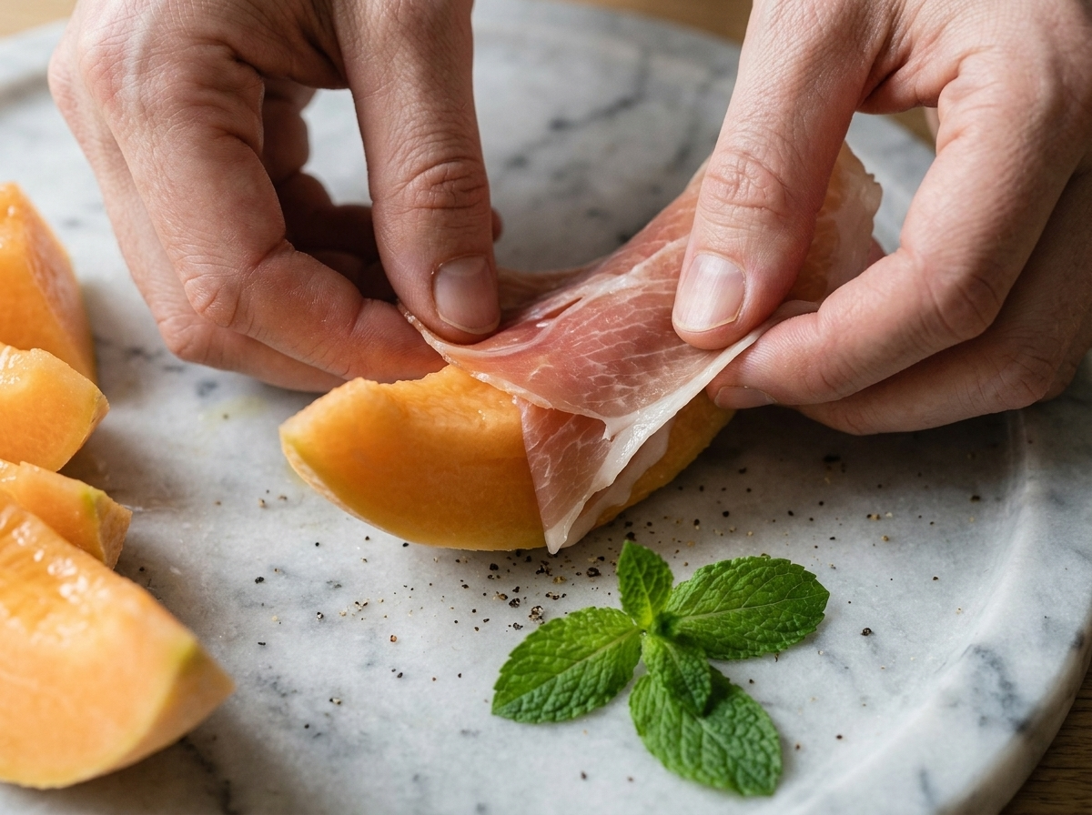 Hands draping a thin prosciutto slice over a chilled cantaloupe wedge on a wooden board with more slices ready nearby