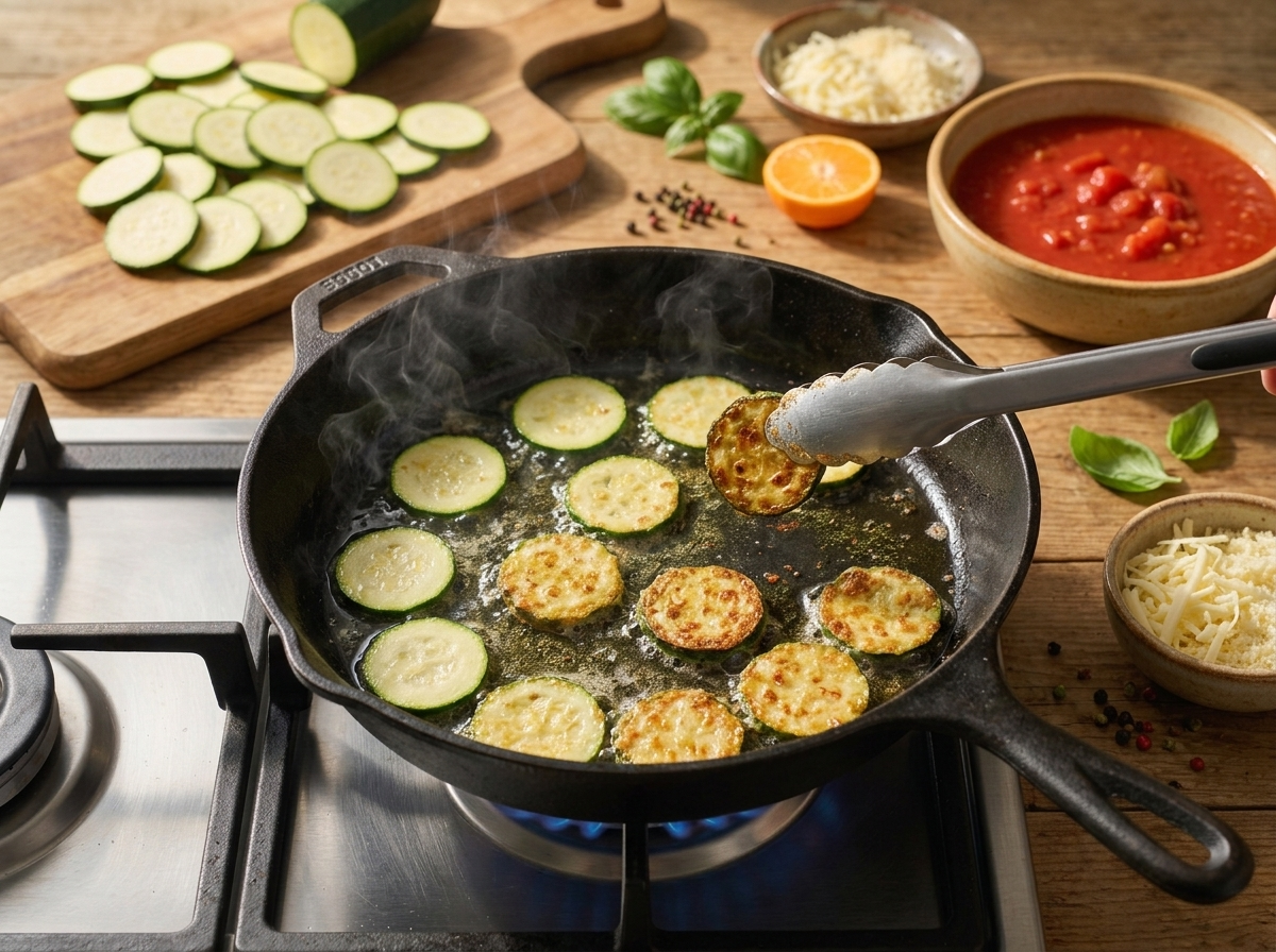 Frying zucchini slices in a cast-iron skillet, coating turning golden as oil sizzles at the edges.