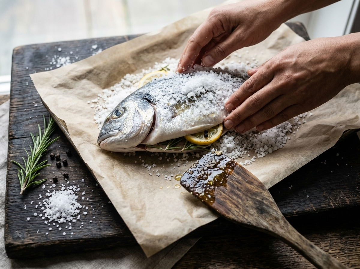 Hands packing wet coarse salt over a raw whole sea bream stuffed with lemon and rosemary before baking