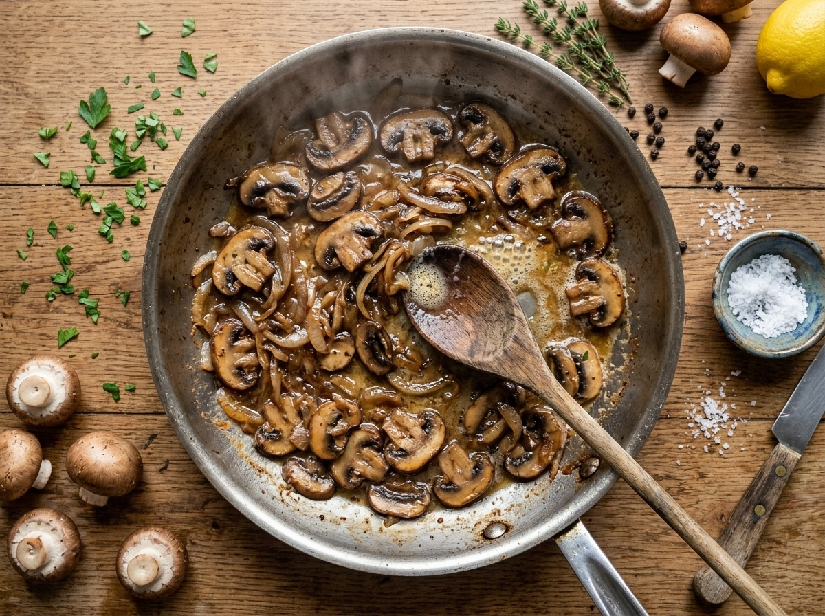 Cremini mushrooms browning in butter in a stainless skillet, wooden spoon stirring for scaloppine ai funghi sauce