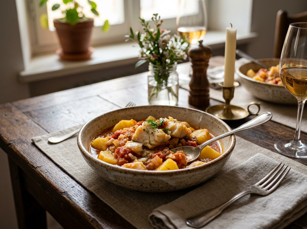 Baccalà in Umido: An Italian Salt Cod Potato Stew serving shot