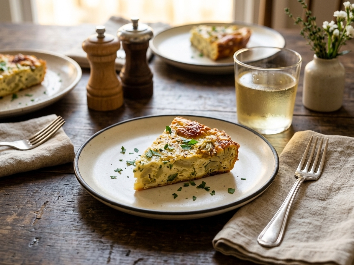 Plated wedge of tortino di carciofi with fork, glass of white wine, and crusty bread on a linen-topped table