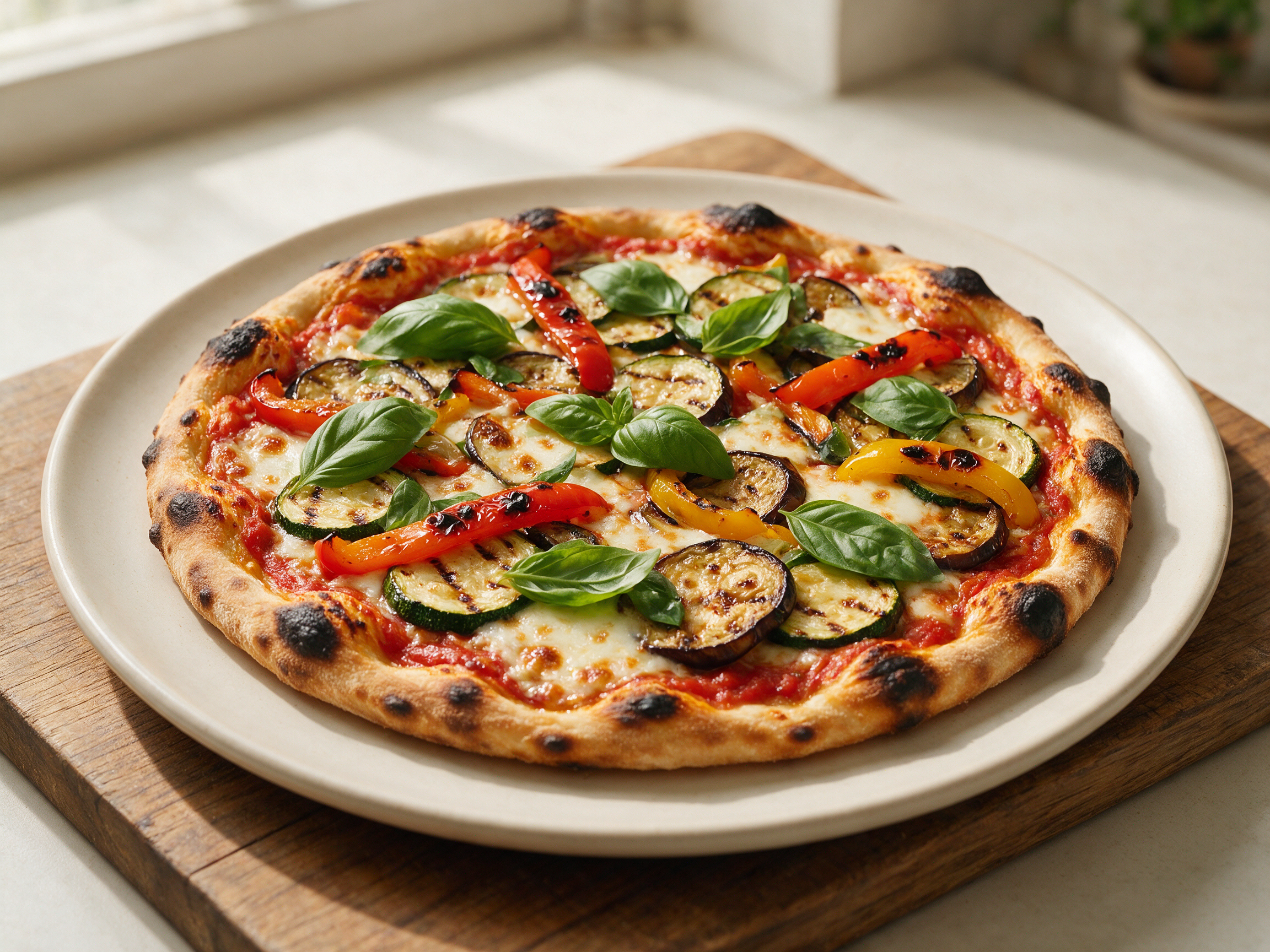 Overhead view of a whole pizza ortolana with charred zucchini, eggplant, and melted mozzarella on a blistered crust, wooden board underneath