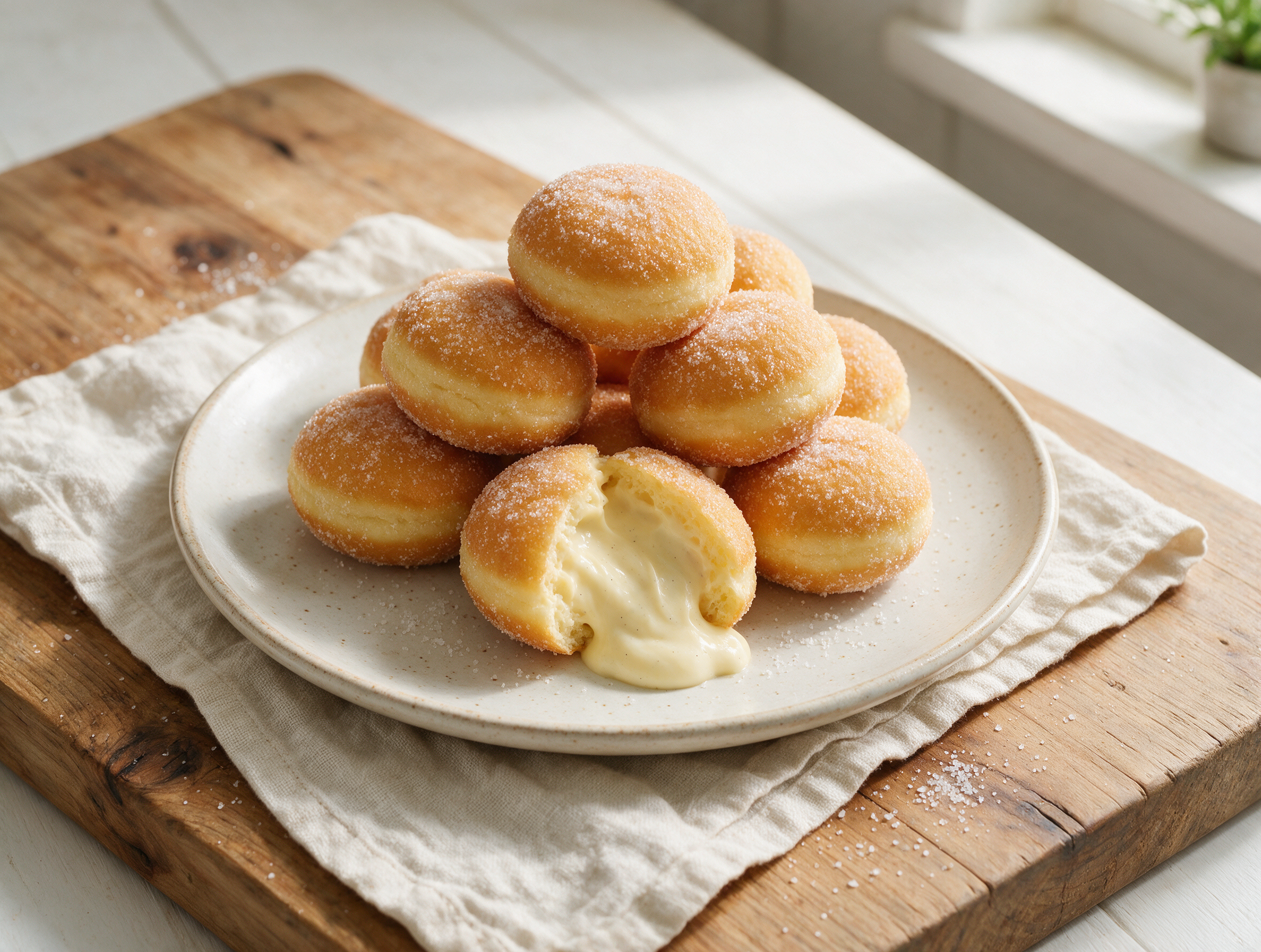 Golden sugar-coated bomboloni alla crema stacked on a wooden board with one split open to reveal thick vanilla cream filling