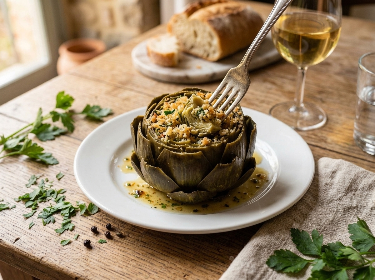 Plated carciofi ripieni with pan juices spooned over, served with crusty bread and a glass of white wine