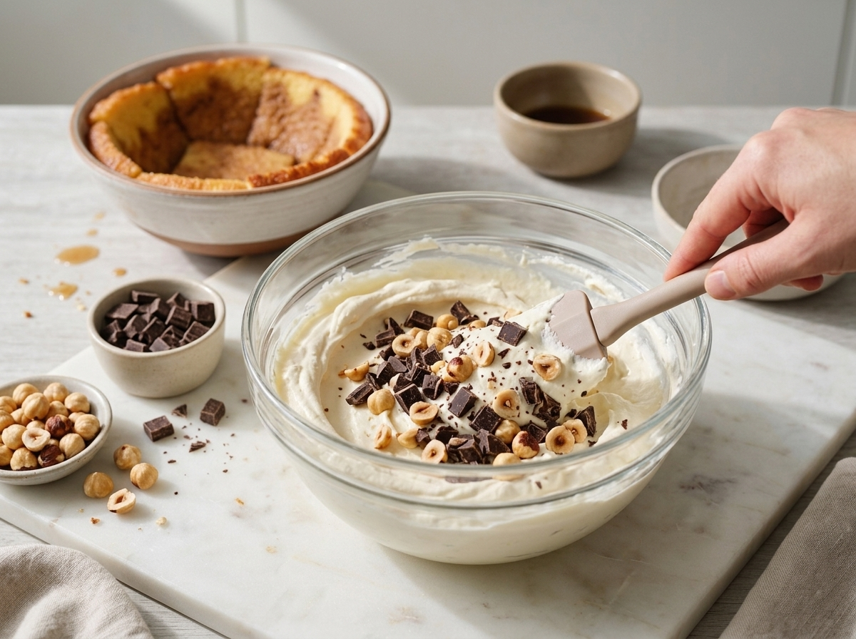 Hands folding chopped chocolate and hazelnuts into whipped mascarpone cream in a glass bowl next to a plastic-lined dome mold with sponge cake