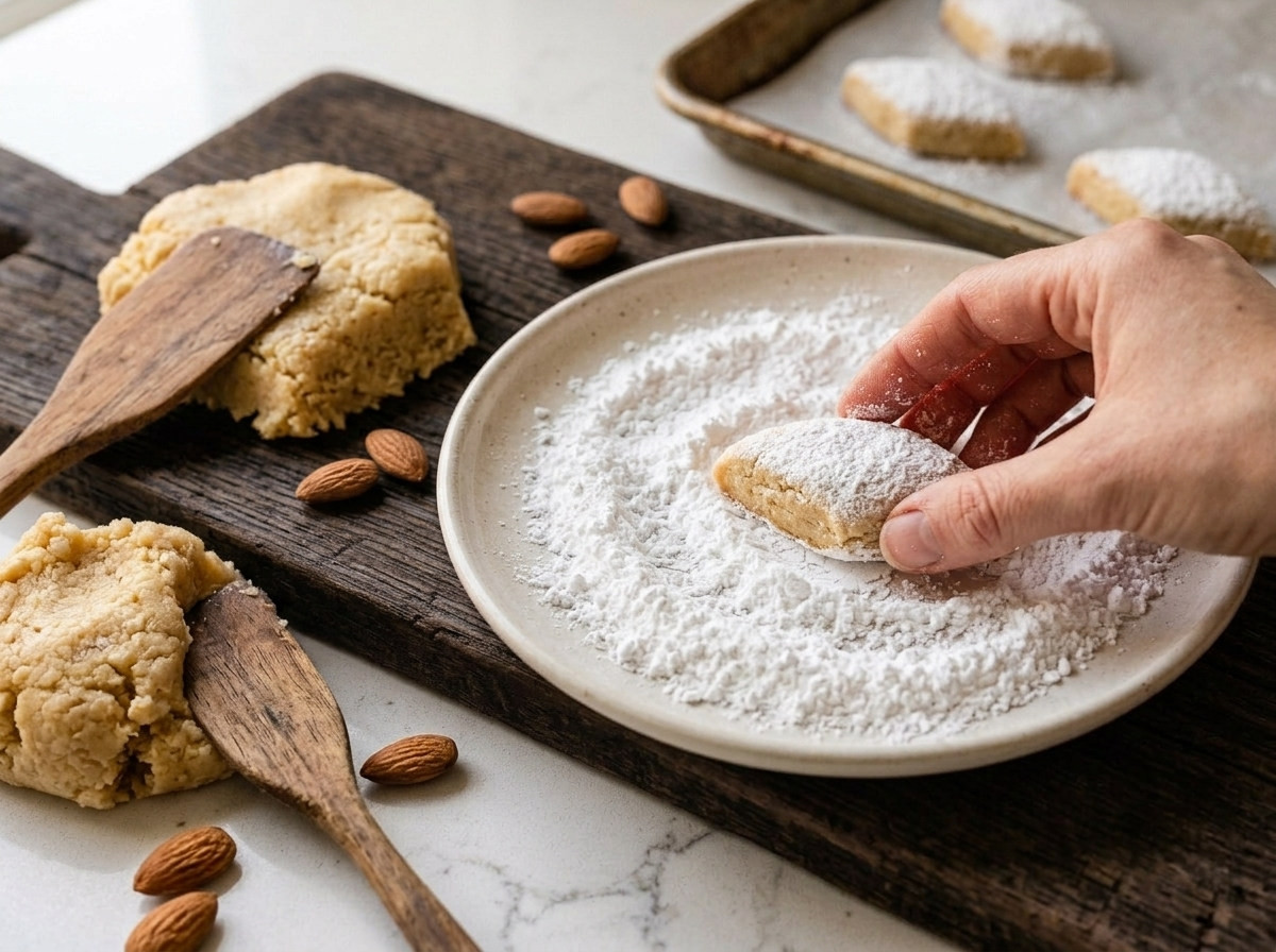 Hands rolling shaped almond cookie dough in powdered sugar before baking ricciarelli di Siena on a parchment tray