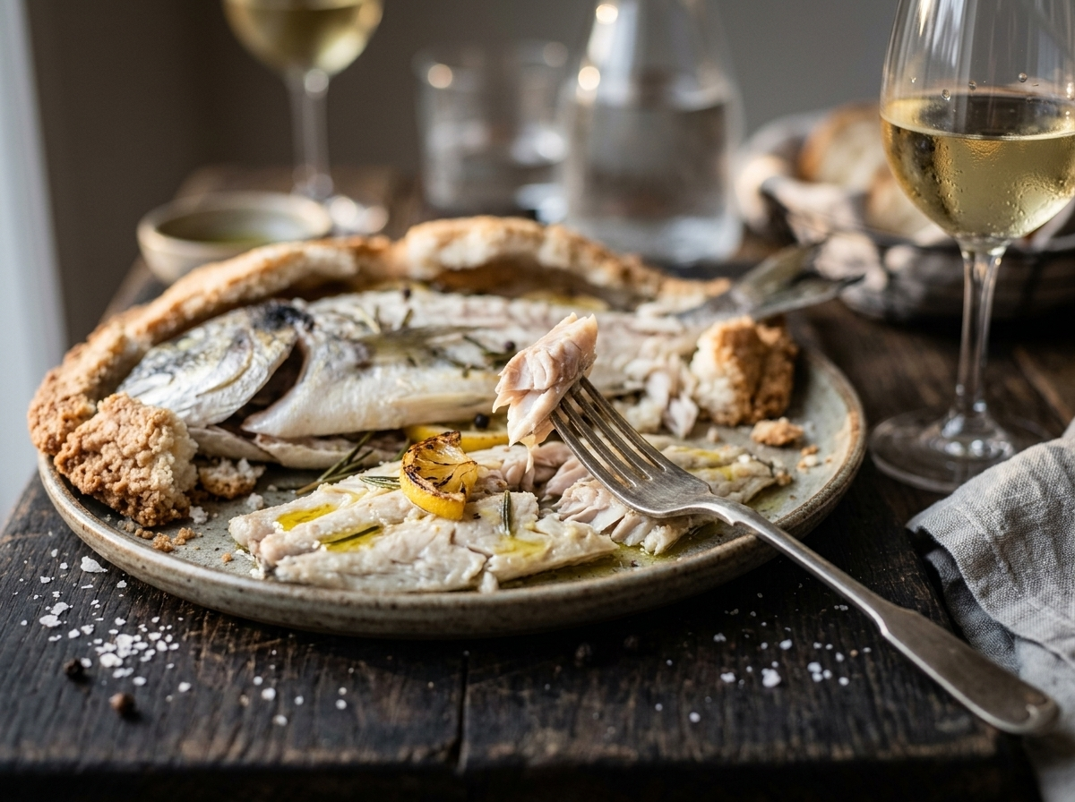 Plated sea bream fillets from orata al sale drizzled with olive oil, served with lemon wedges and white wine