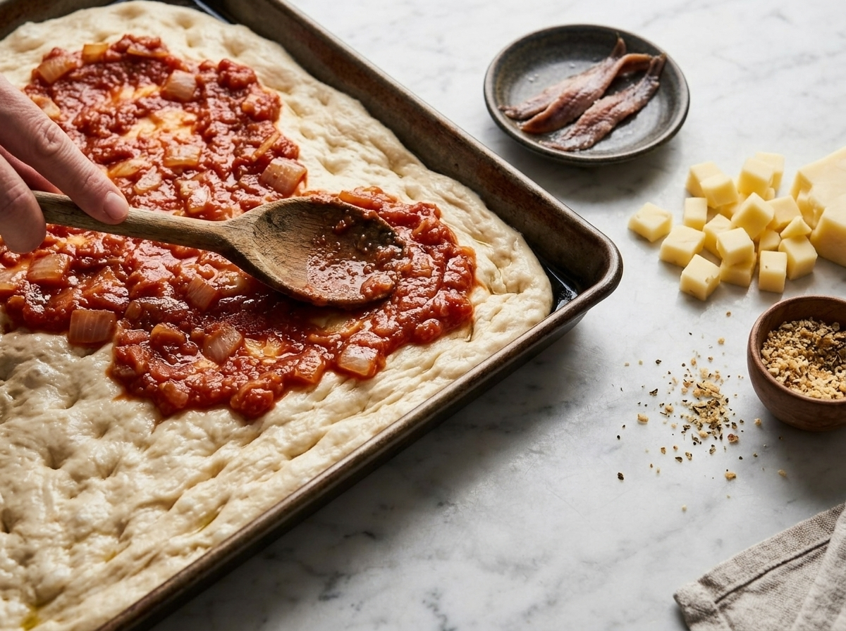 Hands spreading tomato-onion sauce over stretched sfincione dough in an oiled sheet pan before topping with anchovies and cheese