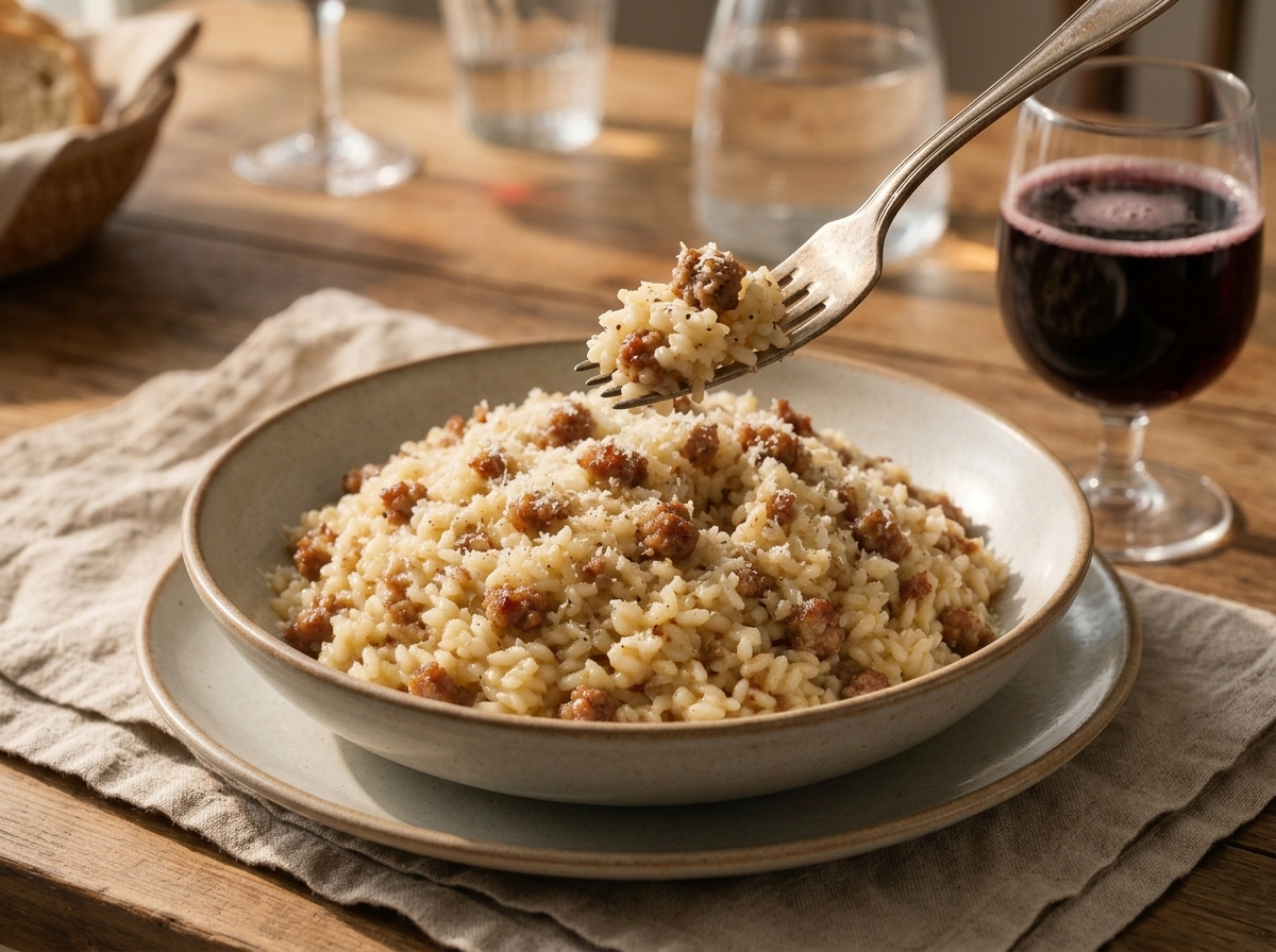 Bowl of risotto alla pilota set on a linen napkin beside a glass of Lambrusco at a rustic wooden dinner table