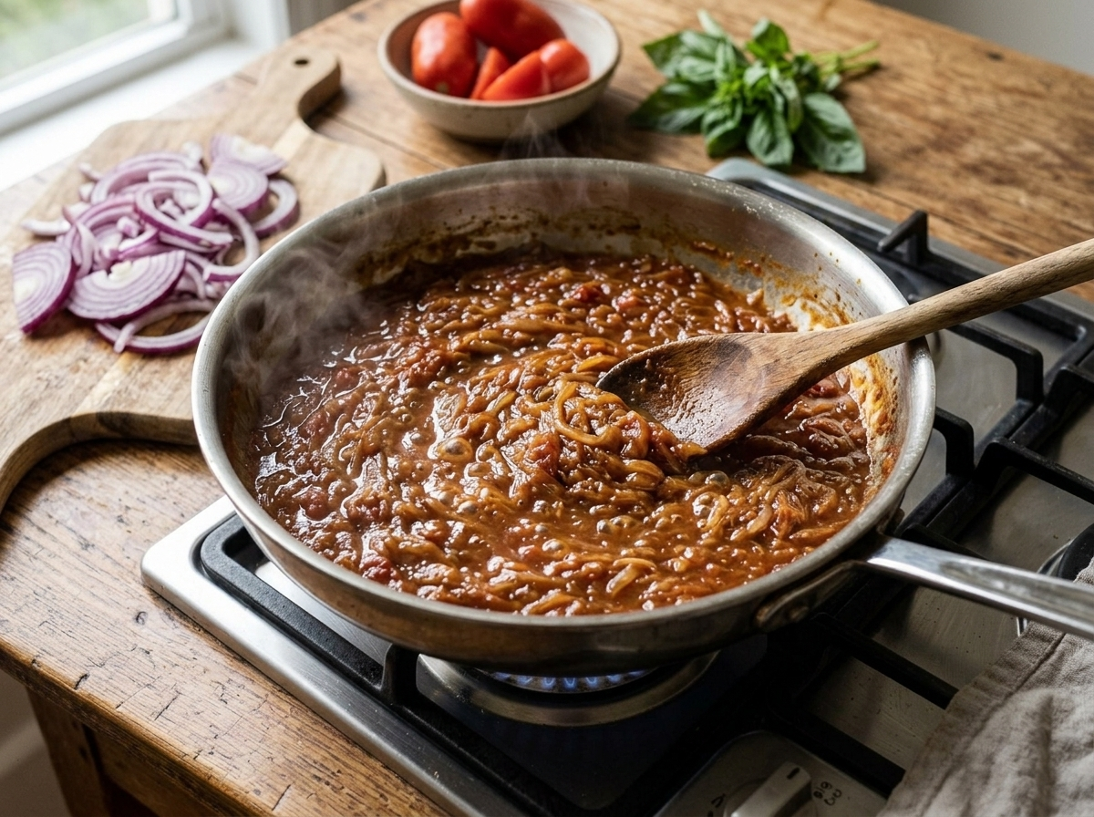 Wooden spoon stirring friggione bolognese onions and tomatoes as they reduce to a jammy amber sauce in a wide pan