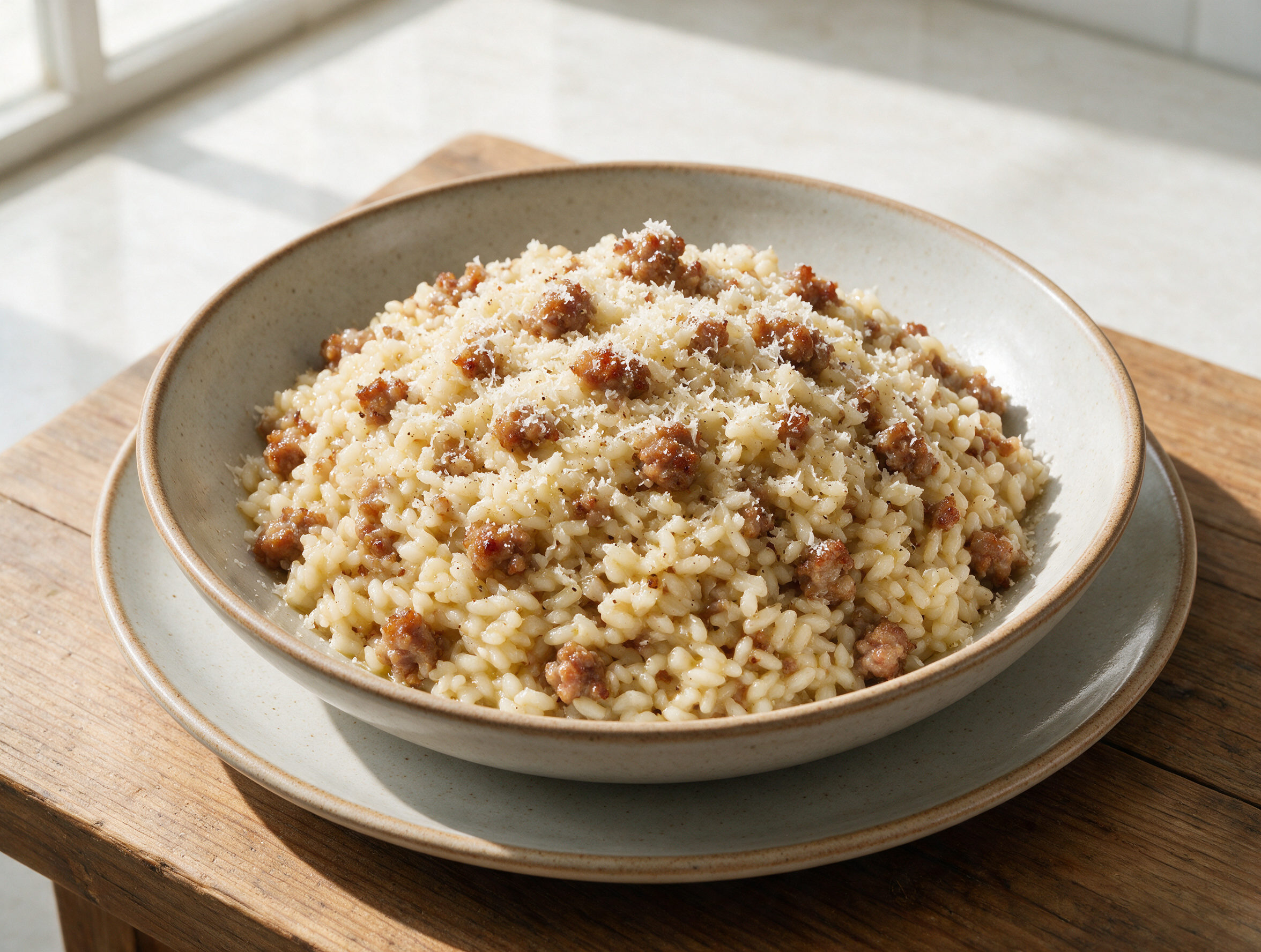 Overhead view of dense risotto alla pilota in a shallow bowl, crumbled pork sausage and grated Grana Padano visible on top