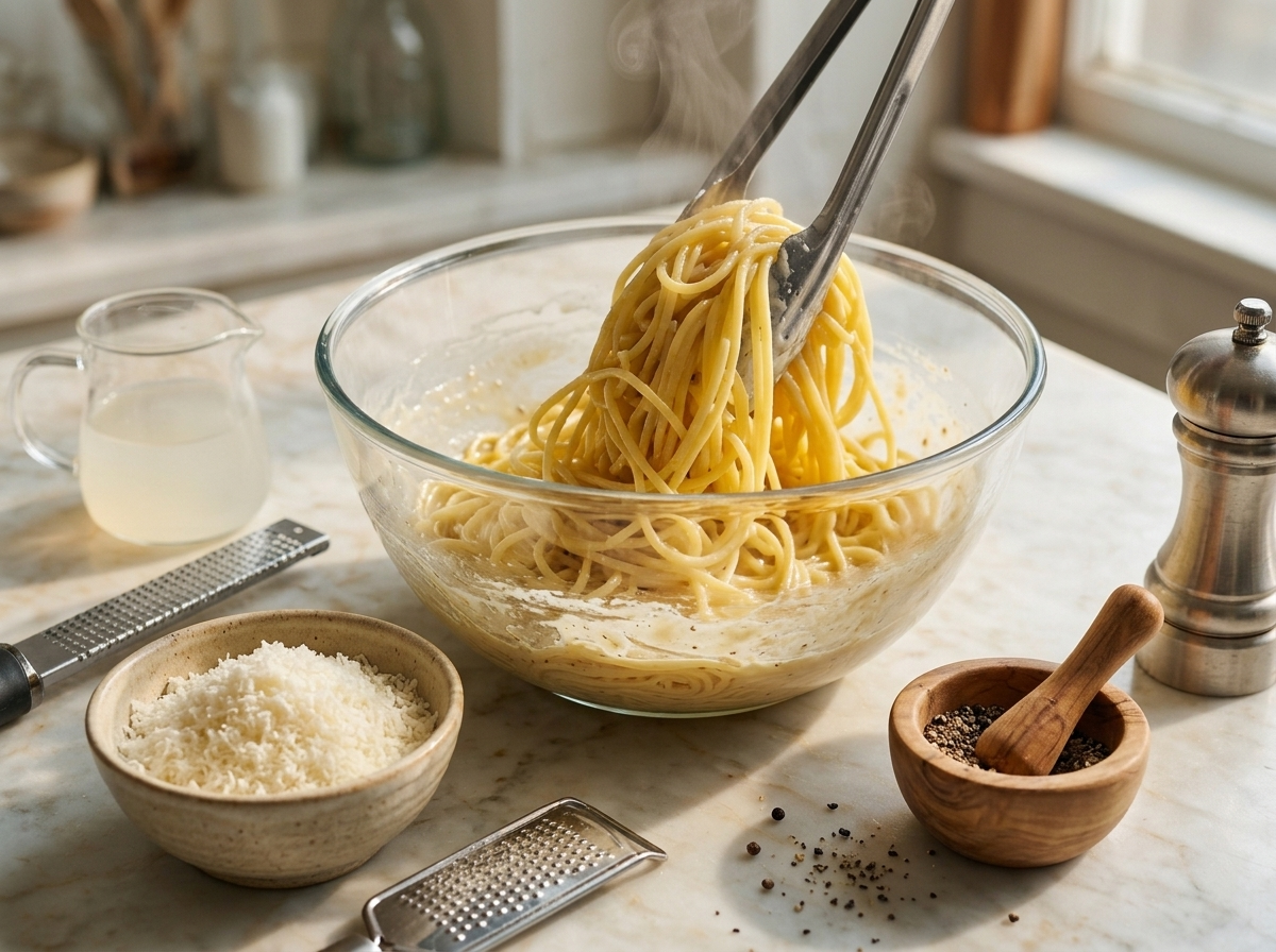 Hands tossing pasta with tongs inside a steaming bowl of pecorino paste during the sauce emulsion step