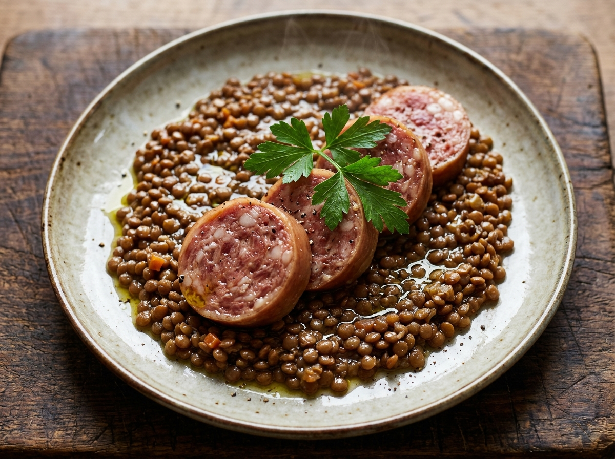 Sliced cotechino sausage served over braised lentils with olive oil and parsley on a rustic plate