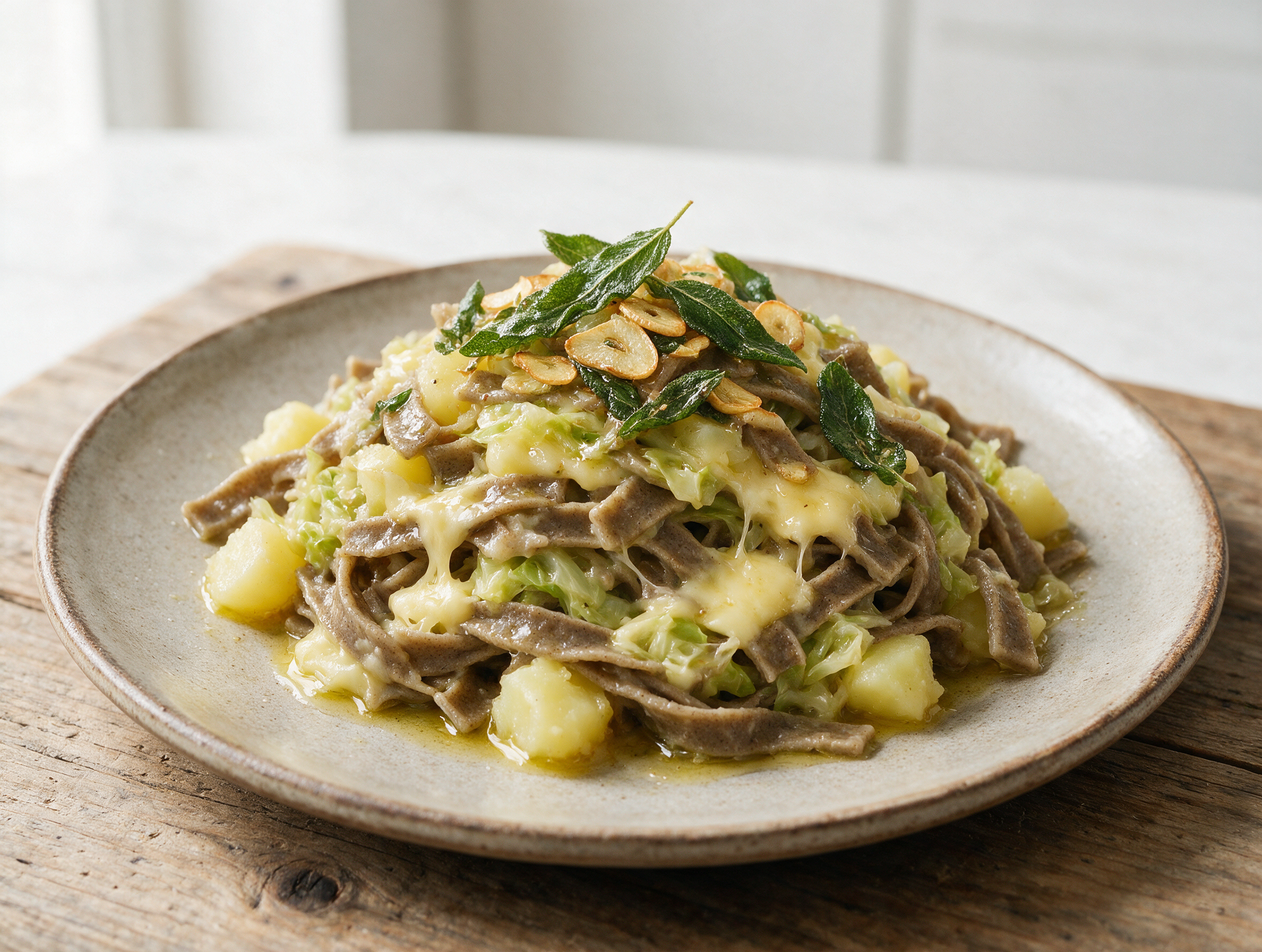 Overhead shot of pizzoccheri della Valtellina in a rustic pot, melted Casera strands, crisped sage leaves, steam rising