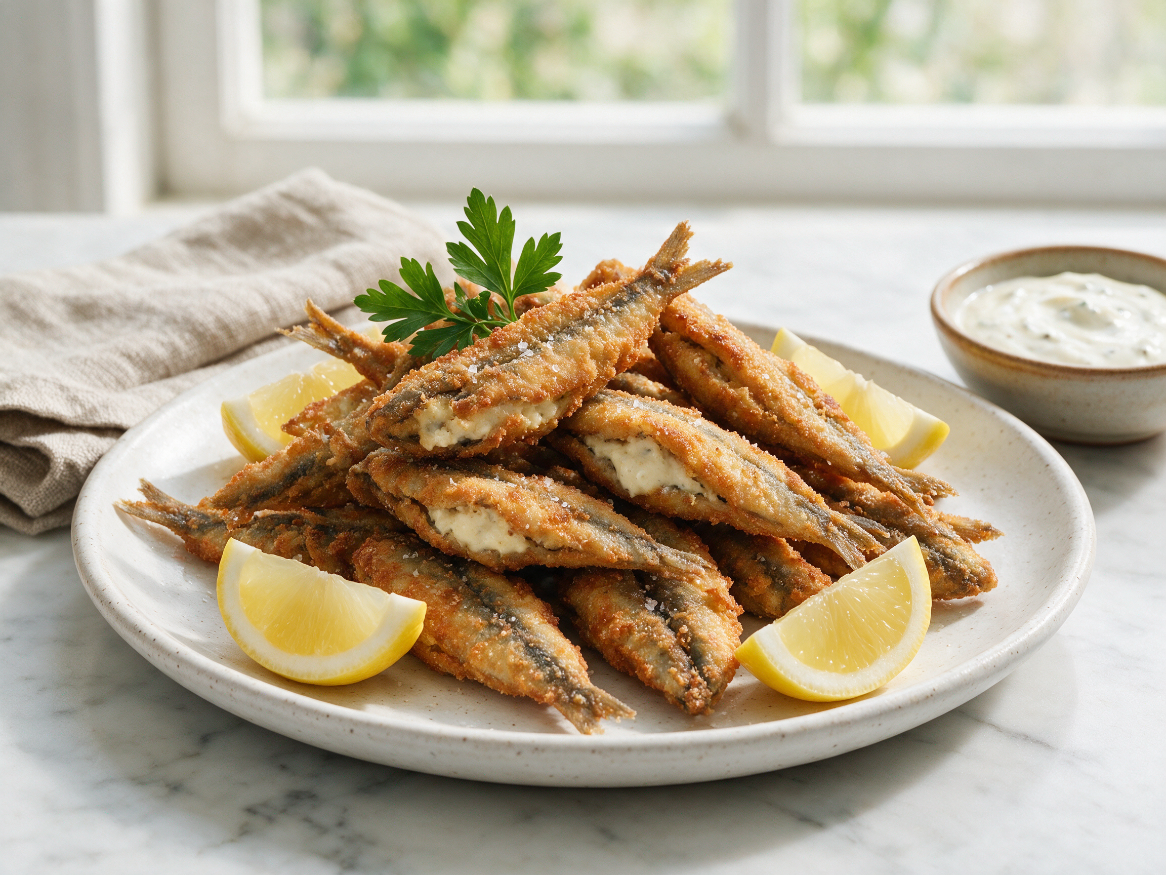 Golden fried stuffed anchovies piled on a white platter with lemon wedges and flaky salt under soft natural light