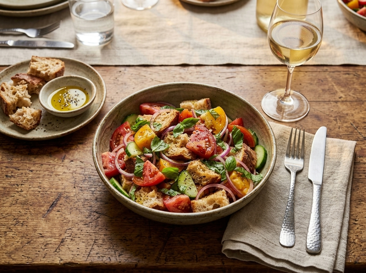 Bowl of panzanella toscana served on a linen napkin with a glass of white wine in warm evening light