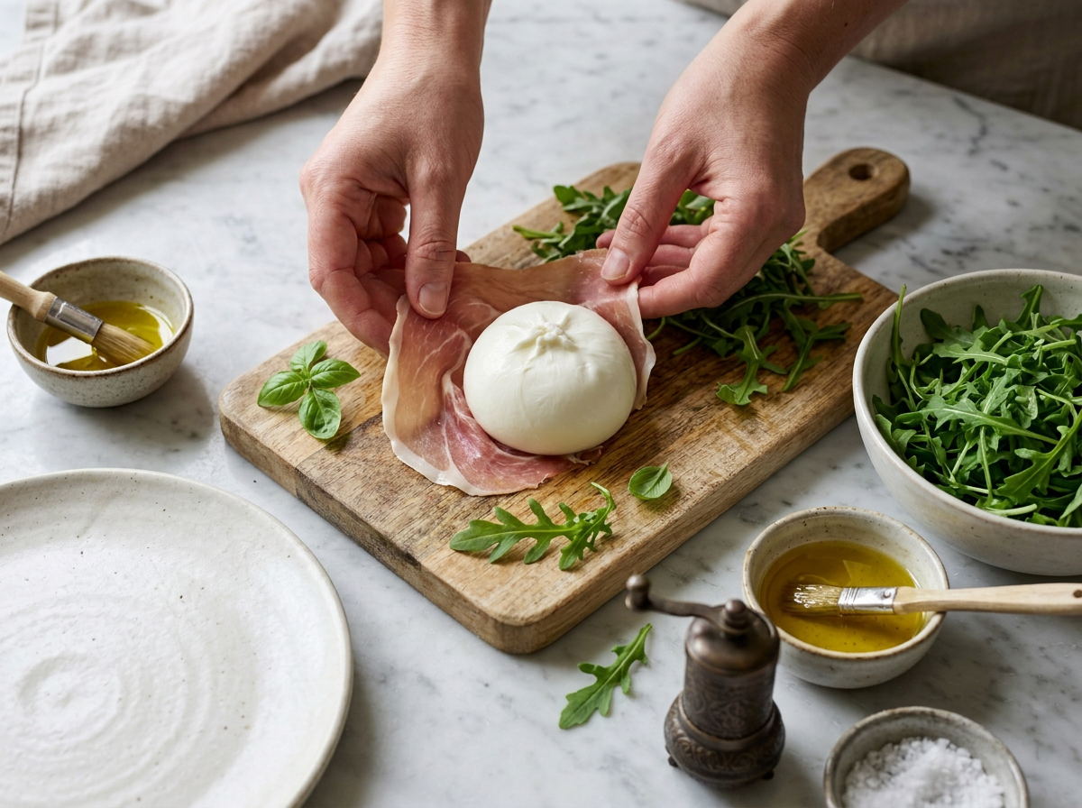 Hands arranging thin prosciutto crudo slices around a whole burrata ball on a wooden board with fresh arugula nearby