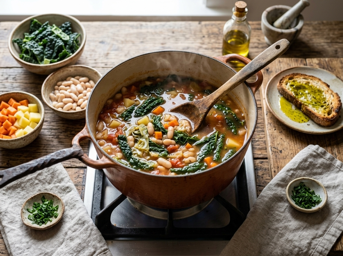 Tuscan vegetable soup simmering in a Dutch oven with cavolo nero, cabbage, and cannellini beans being stirred