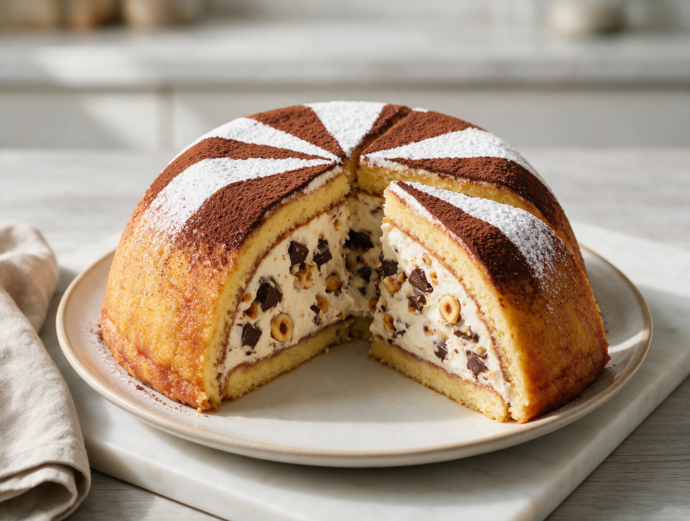 Whole zuccotto fiorentino dome on marble, dusted in cocoa and sugar wedges, with one slice cut away revealing the cream and chocolate layers