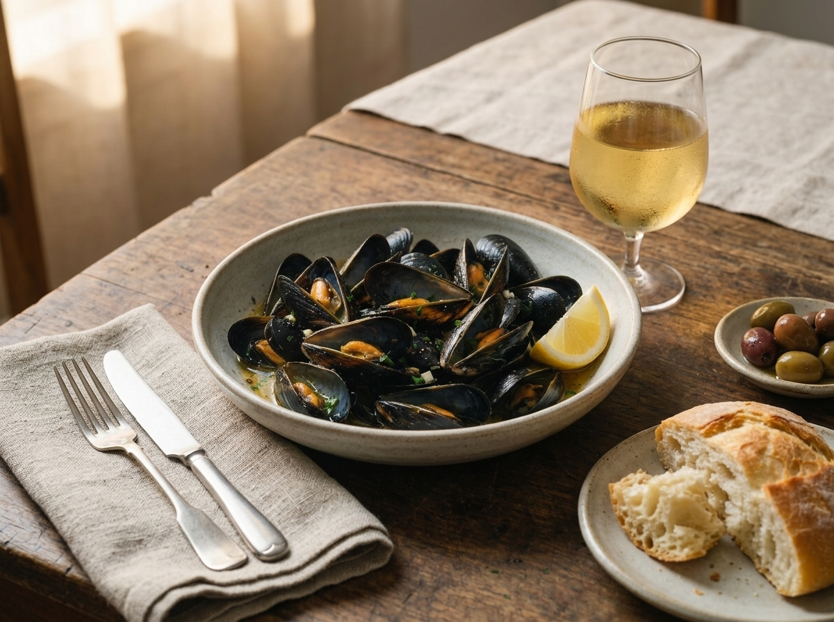 Two hands tearing crusty bread to dip into a bowl of peppered mussel broth beside a glass of chilled white wine on a rustic table.