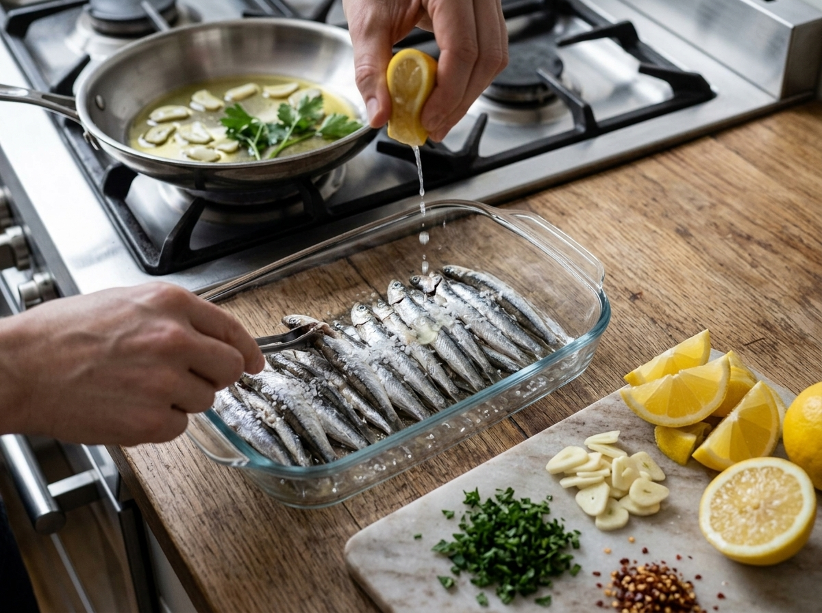 Hands pouring fresh lemon juice over raw anchovy fillets in a shallow glass dish during the marinating step