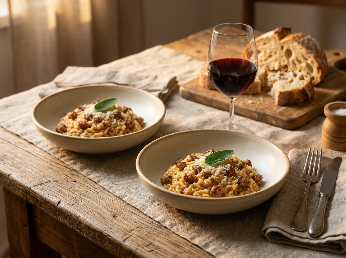 Two rustic bowls of sausage risotto on a wood table beside a glass of red wine and crusty bread